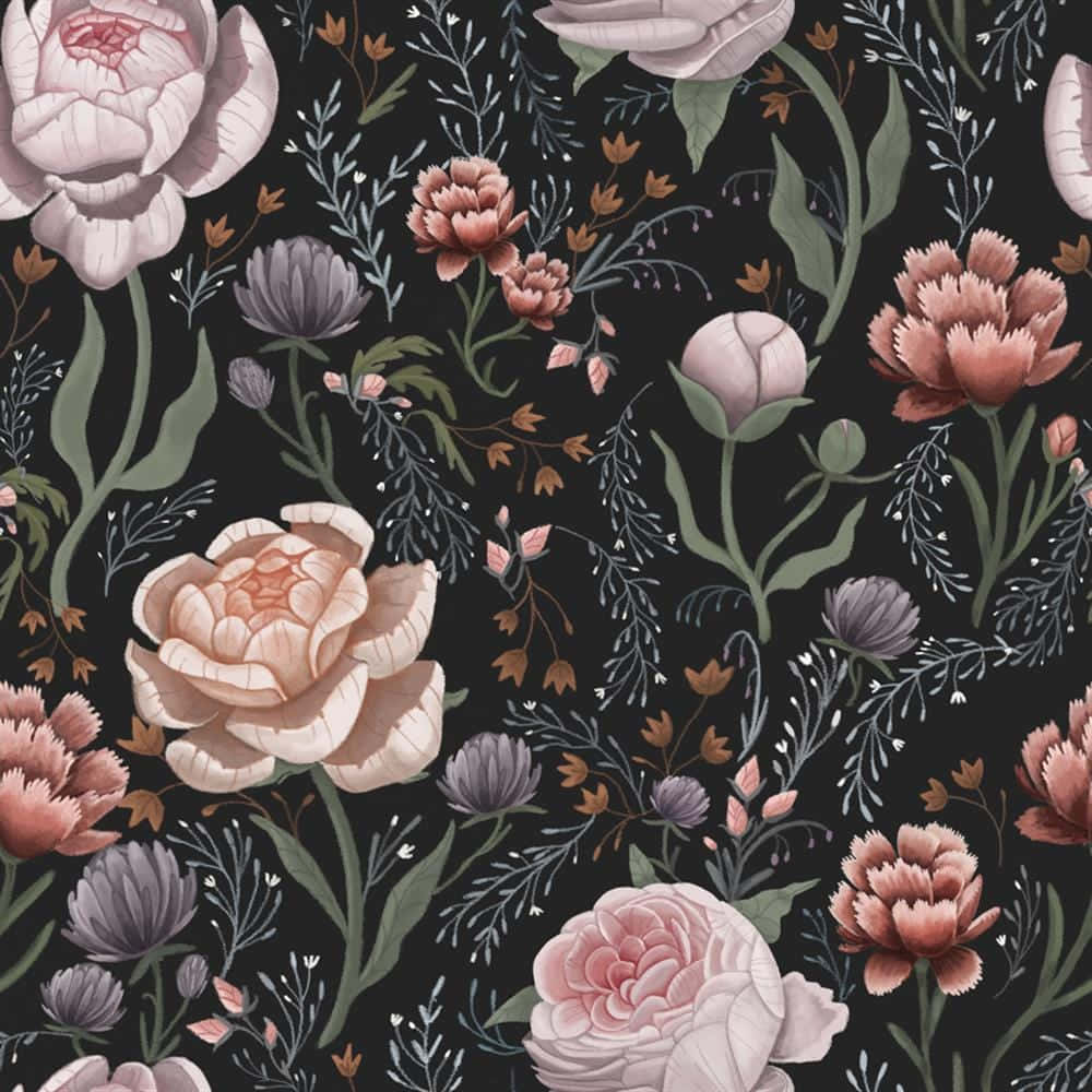 Dark Cottagecore Floral Pattern, soft pink peach and mauve blooms, deep black background, SD Desktop Wallpaper