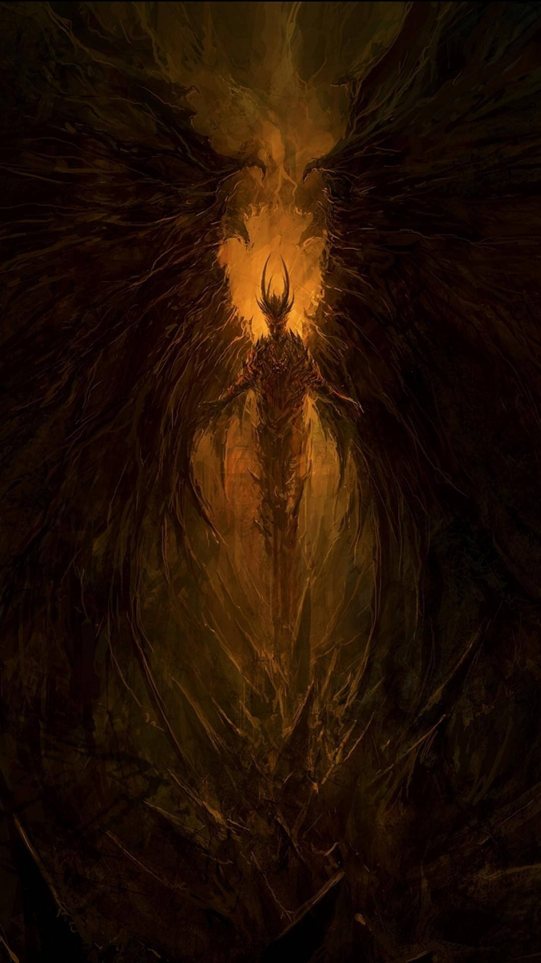 evil demon, big black wings, glowing orange eyes, Full HD Phone Wallpaper