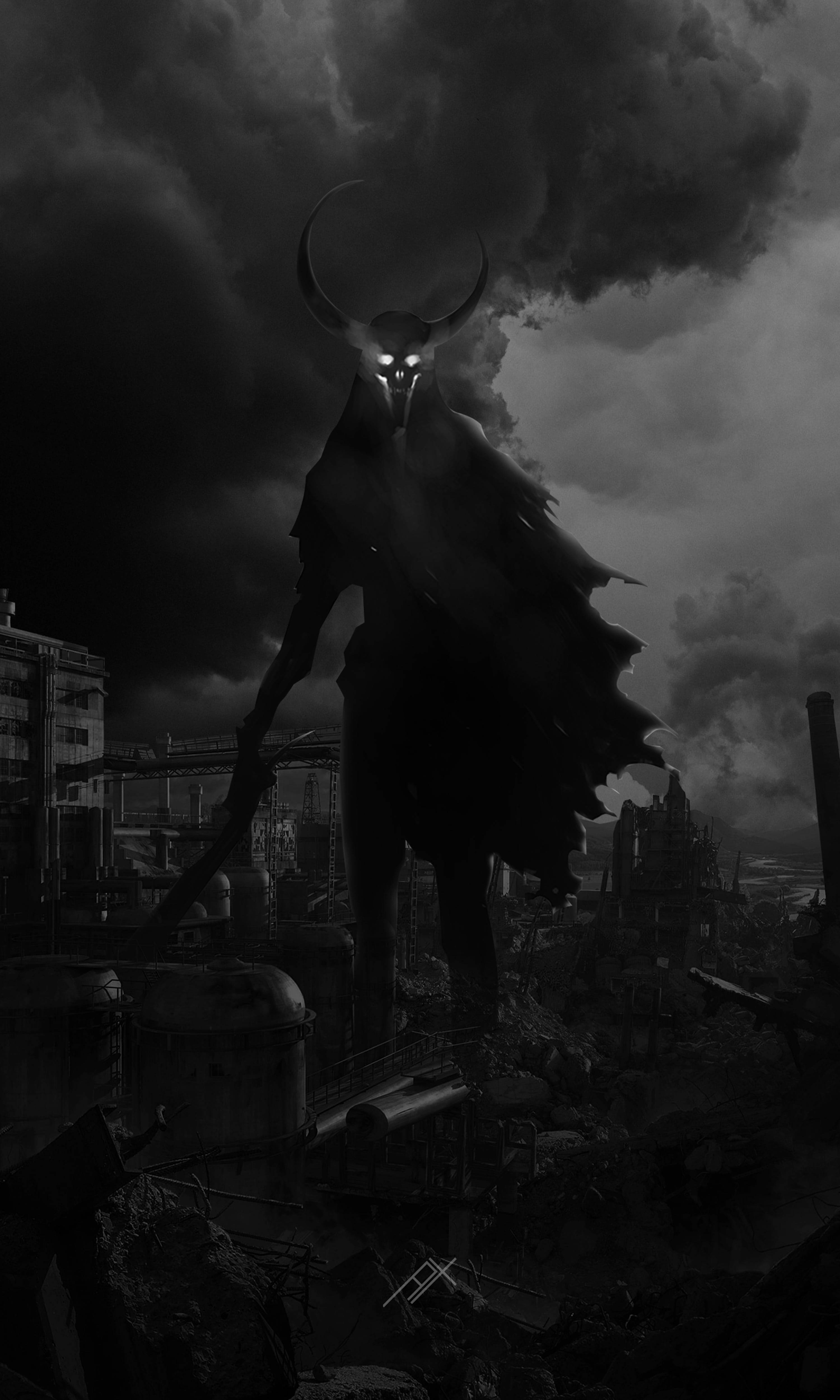 towering horned demon, glowing eyes, ruined cityscape, 4K Phone Wallpaper