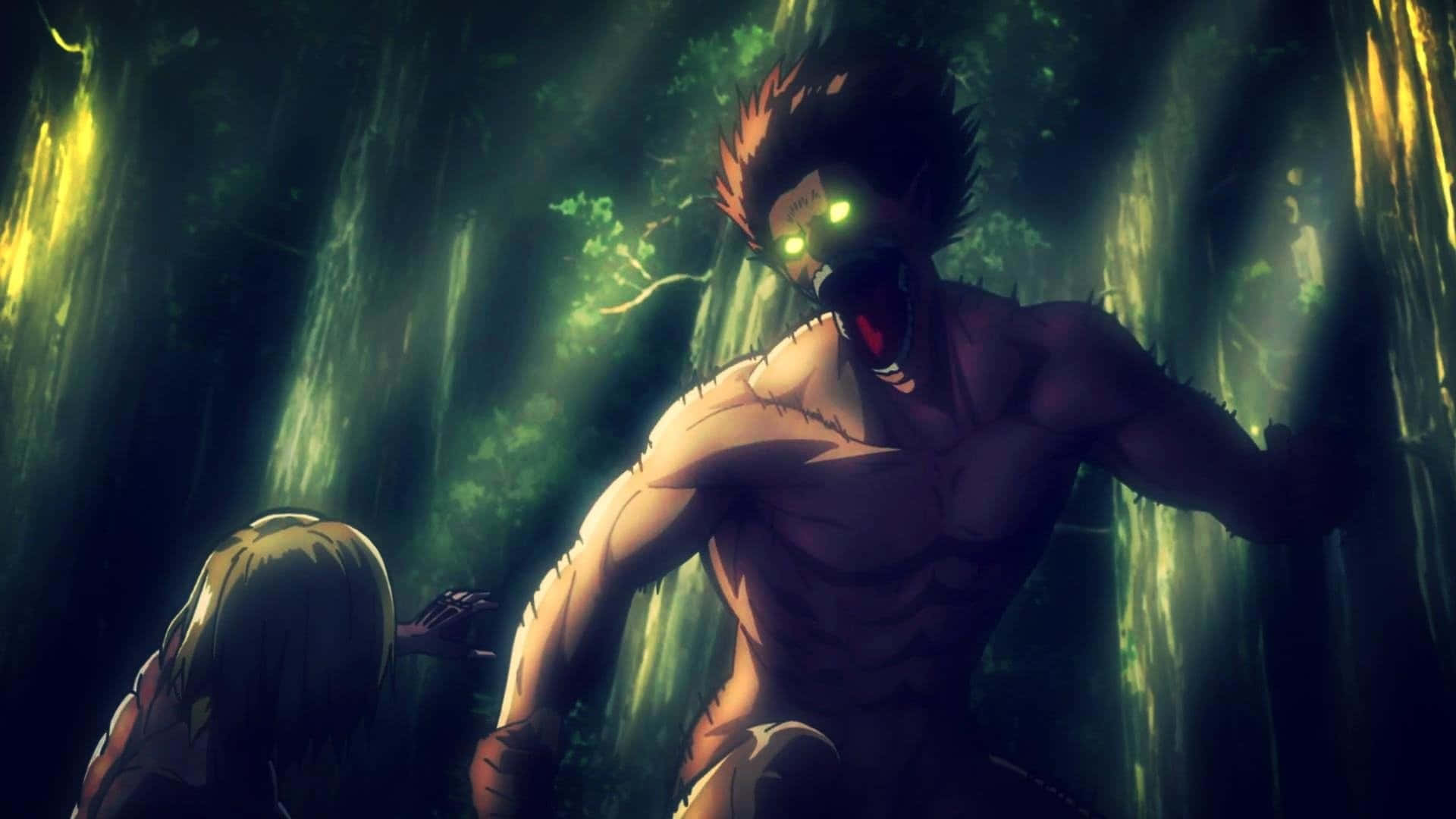 Giant Creature, glowing-eyed titan, dark forest, Full HD Desktop Wallpaper