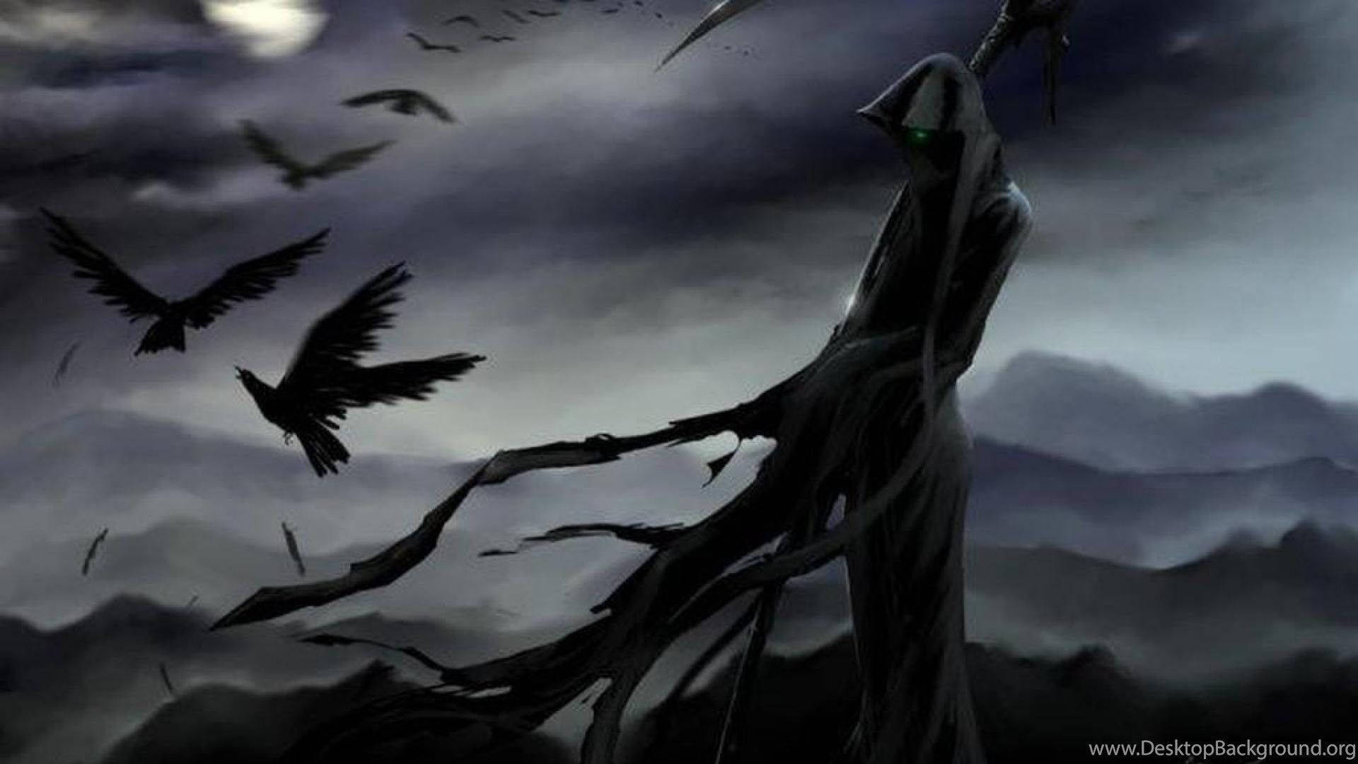 creepy raven man, hooded grim reaper, glowing green eyes, Full HD Desktop Wallpaper