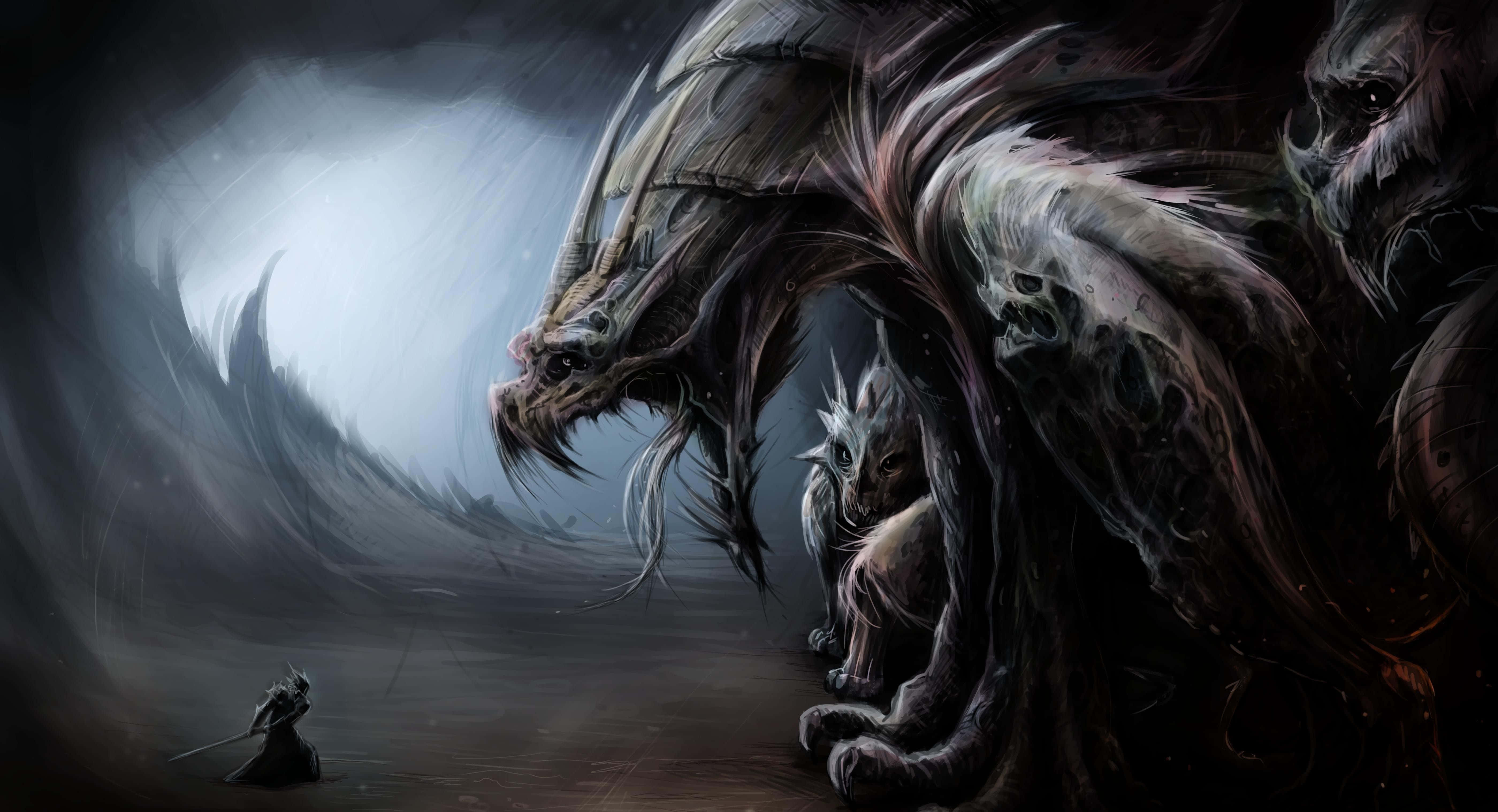 Dark Creature, shadowy dragon, stormy landscape, 5K Desktop Wallpaper
