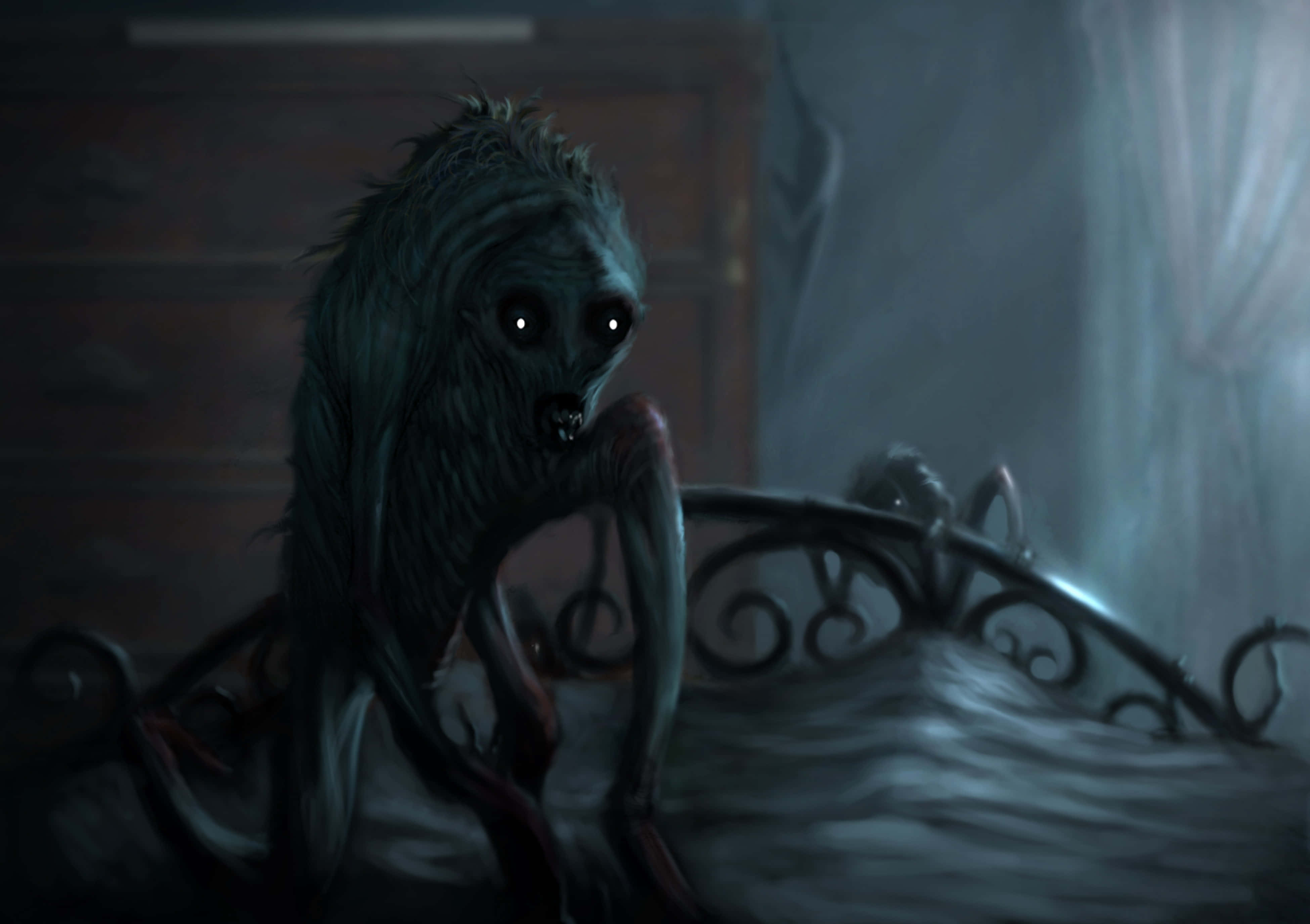 Dark Creature, glowing eyes, ornate bed, 4K Desktop Wallpaper