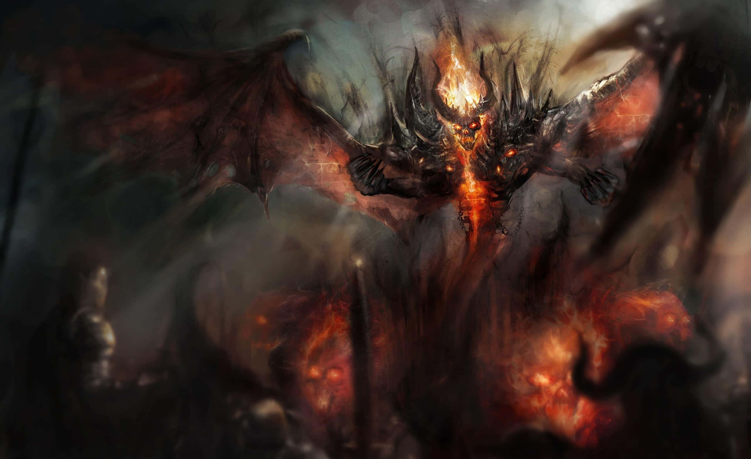 Dark Creature, fiery dragon, glowing red eyes, 2K Desktop Wallpaper