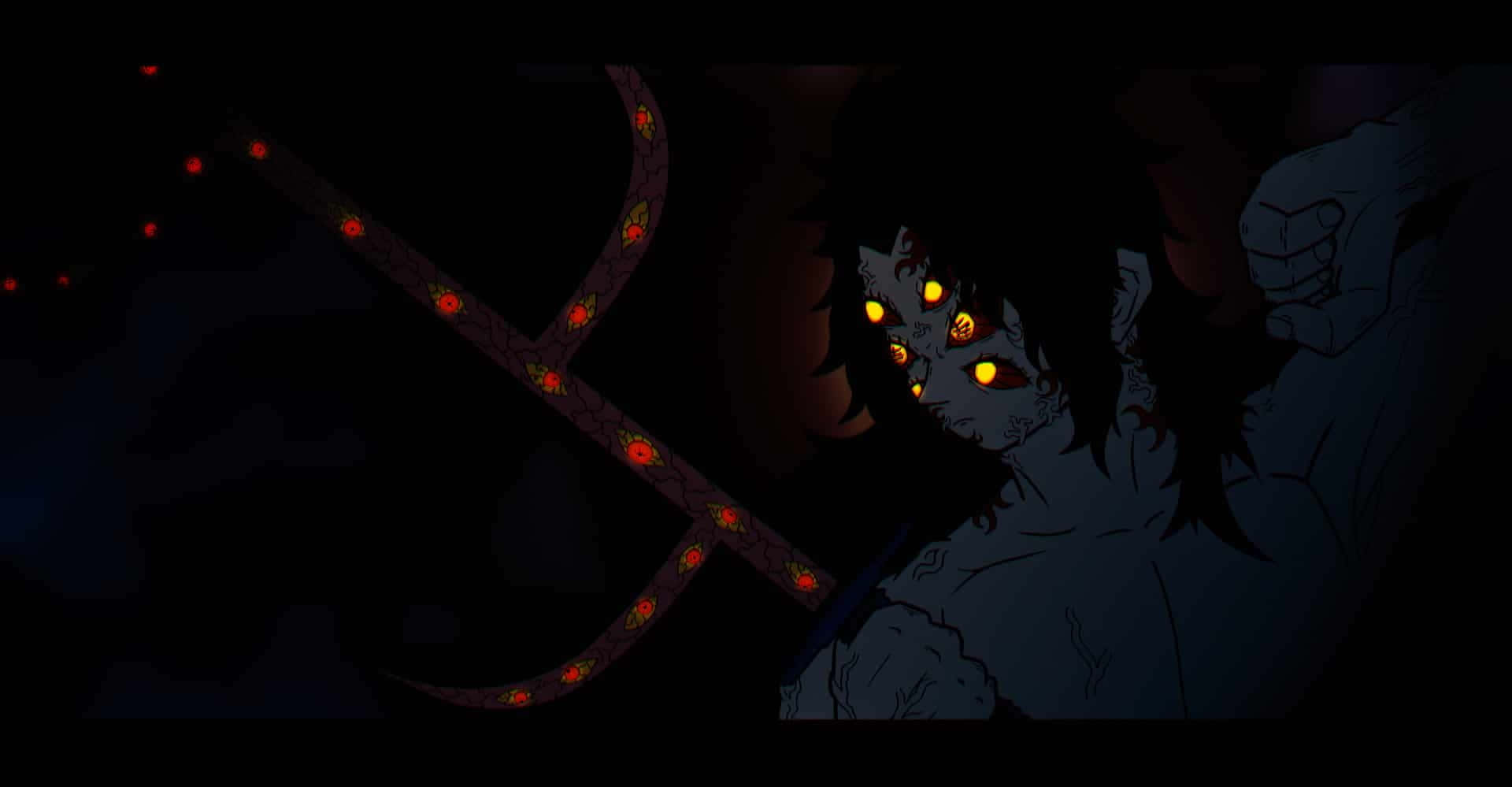 mysterious demon figure, glowing yellow eyes, red patterned whip, Full HD Desktop Wallpaper
