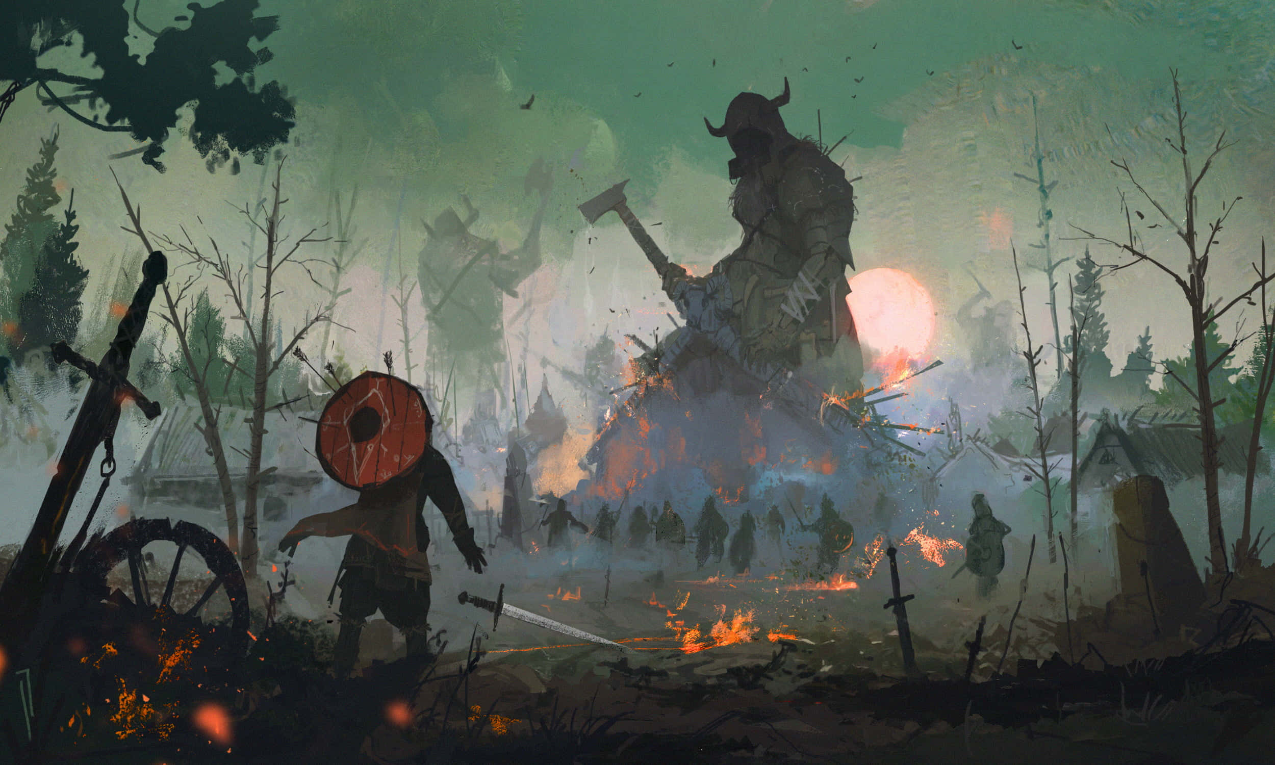 Dark Creature, red shield, towering horned giant, Full HD Desktop Wallpaper