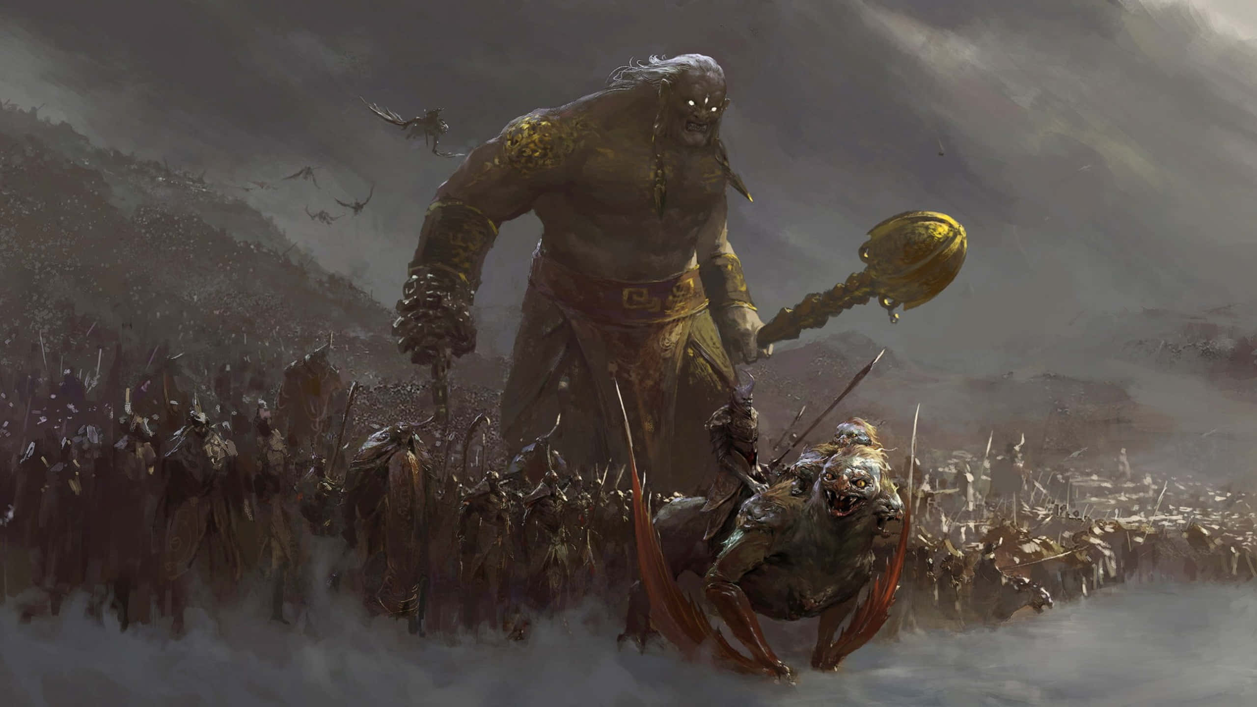 Dark Creature, golden hammer, stormy sky, 2K Desktop Wallpaper