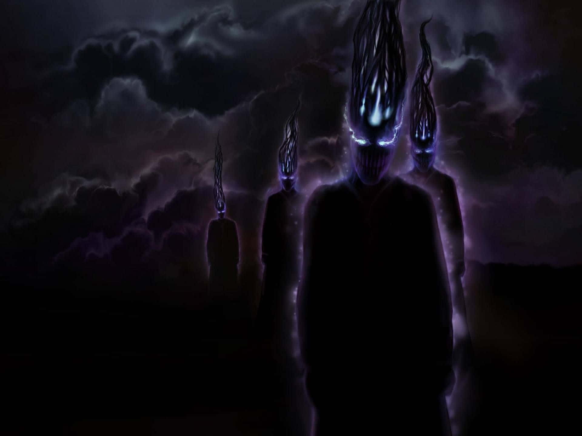 Dark Creature, glowing purple flame-like hair, stormy dark sky, Full HD Desktop Wallpaper