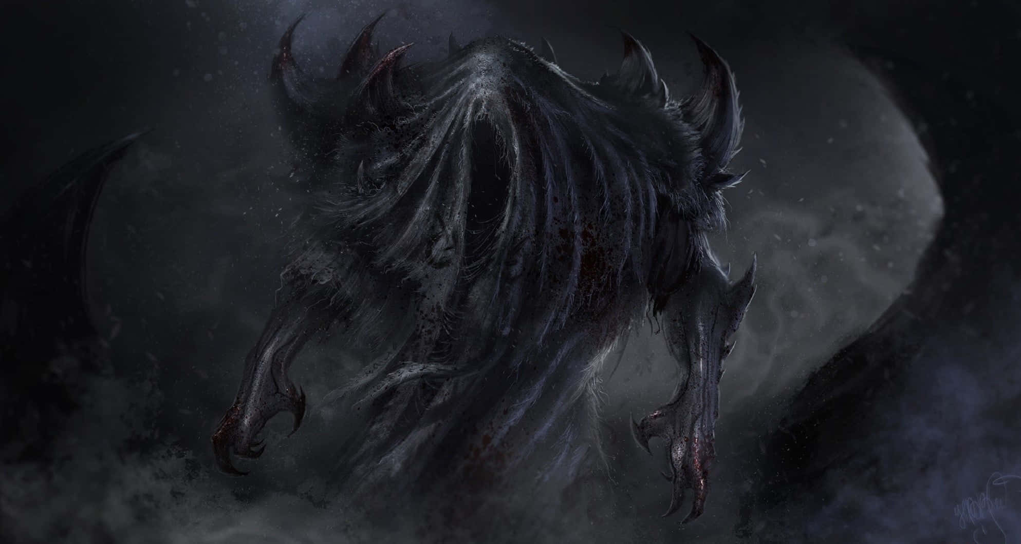 Dark Creature 1987, spiky horns, clawed hands, Full HD Desktop Wallpaper