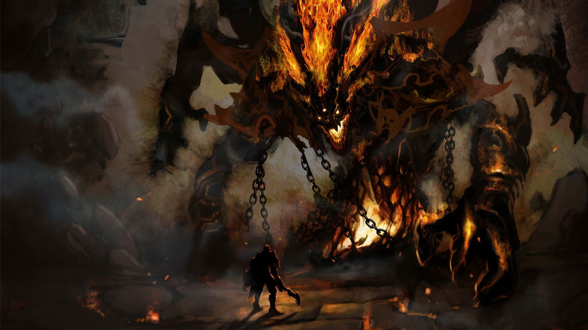 Dark Creature, colossal chained fire demon, smoky cavernous lair, Full HD Desktop Wallpaper