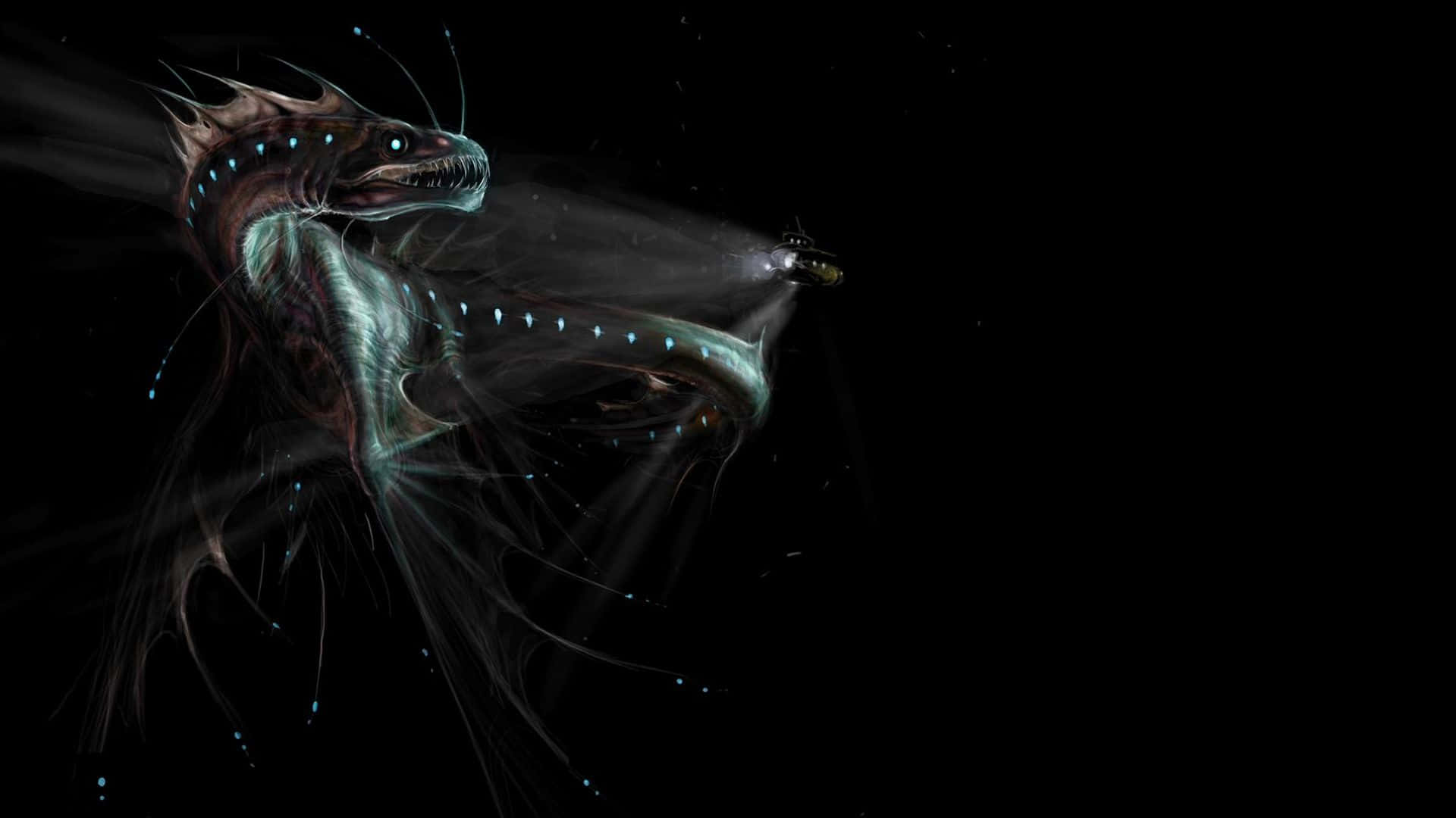 Dark Creature, bioluminescent deep-sea dragon, glowing blue eyes, Full HD Desktop Wallpaper