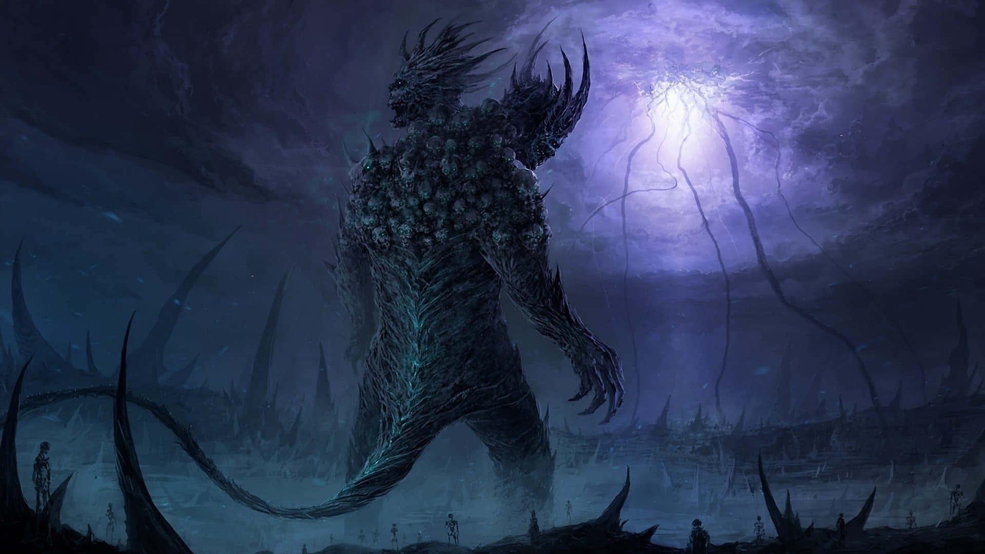 Dark Creature, teal veins, dark purple stormy landscape, Full HD Desktop Wallpaper