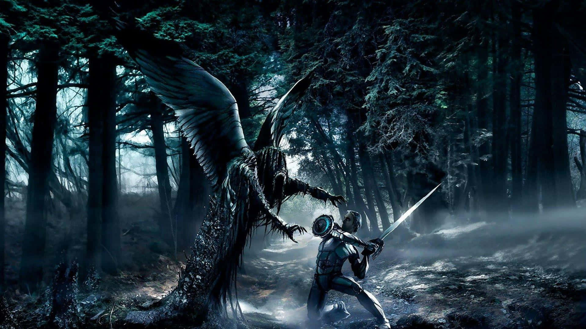 Dark Creature, futuristic armor, monstrous winged creature, Full HD Desktop Wallpaper