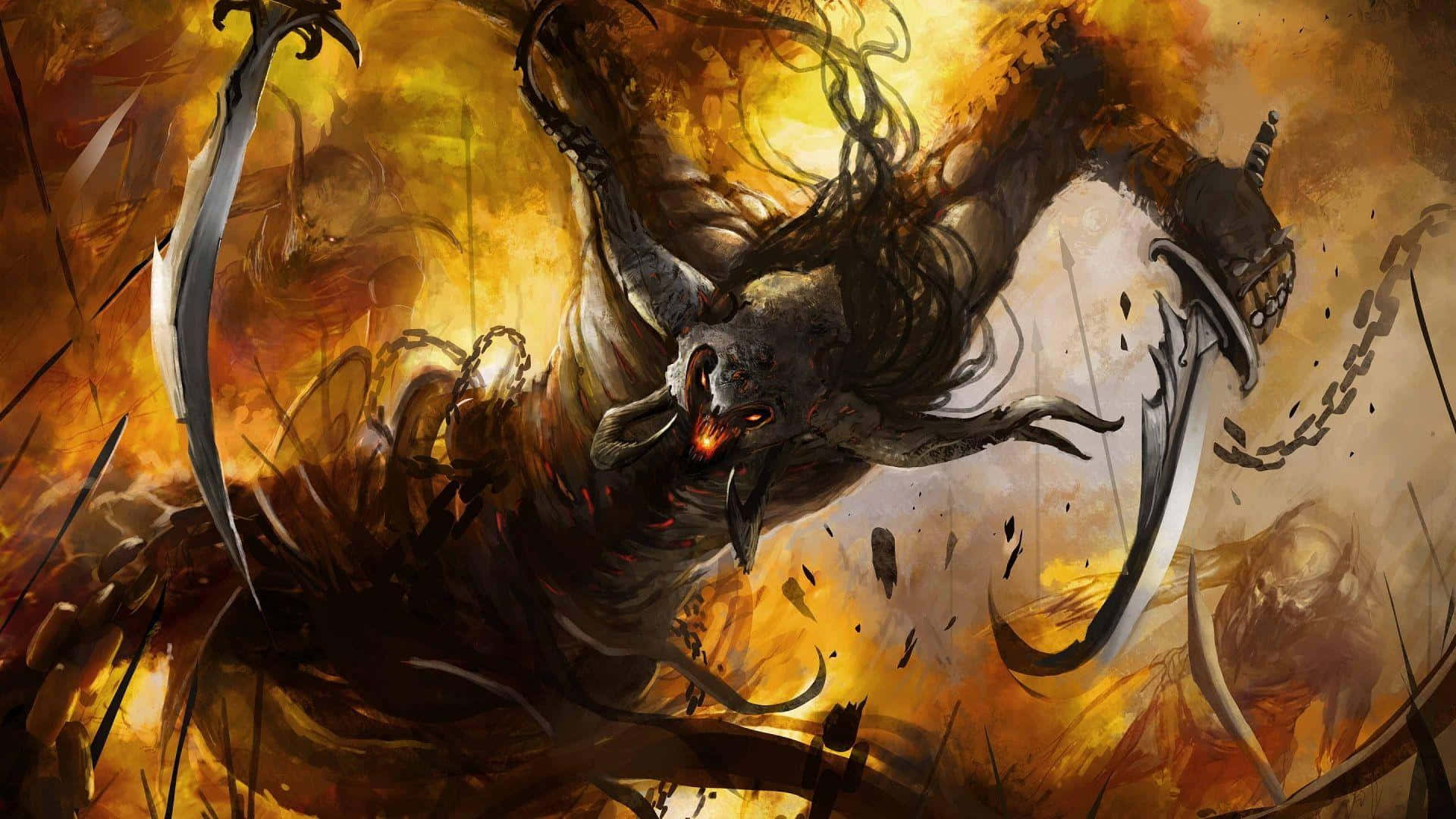 Dark Creature, glowing red eyes, spiked weapons, Full HD Desktop Wallpaper