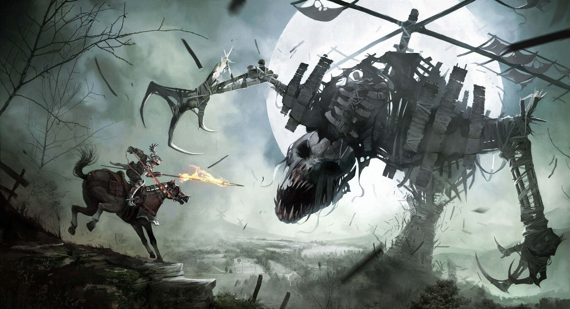 Dark Creature, full moon, misty battlefield, Full HD Desktop Wallpaper