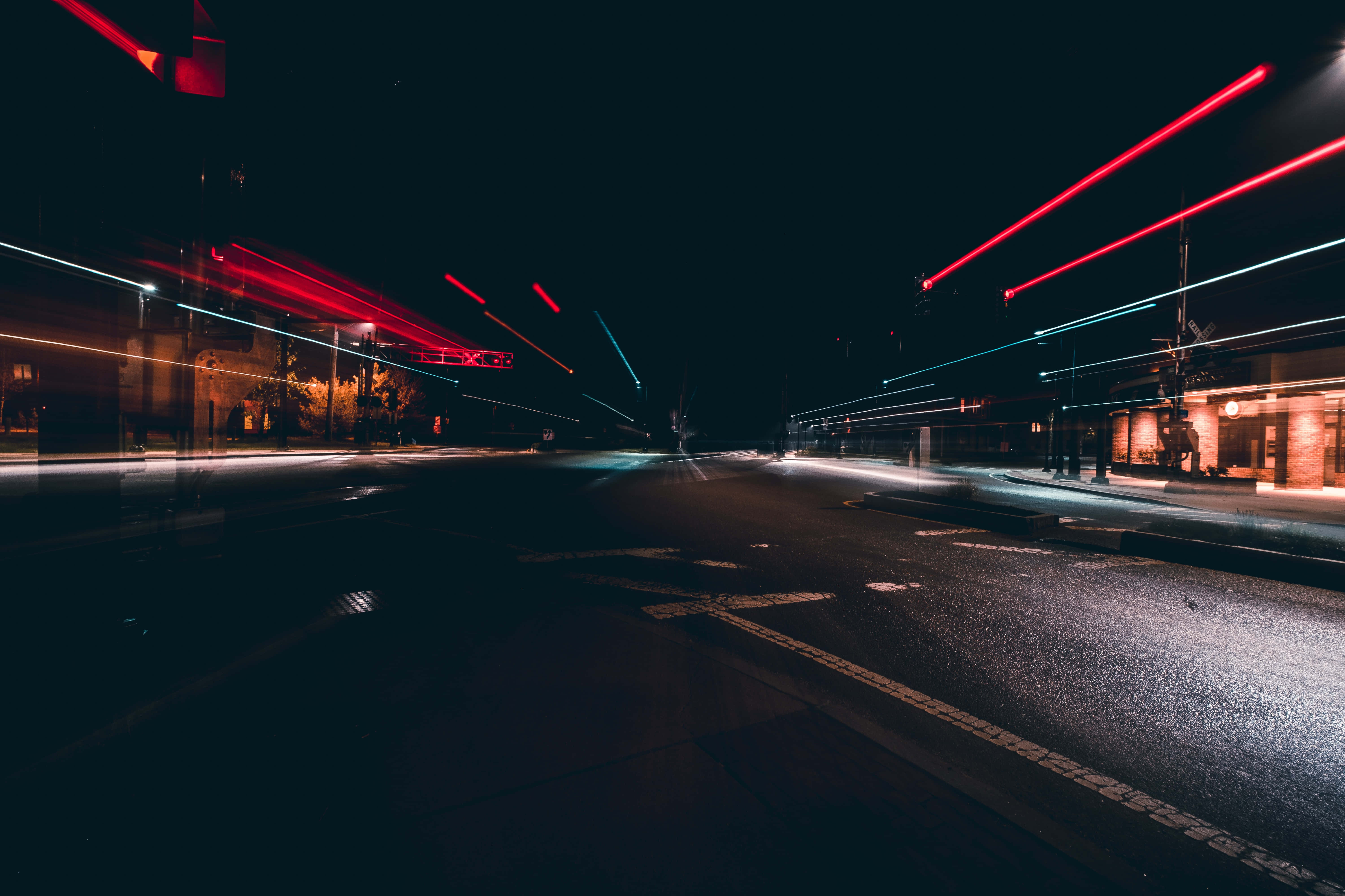 Dark Crossroad, red and blue light trails, dark urban street, 5K Desktop Wallpaper