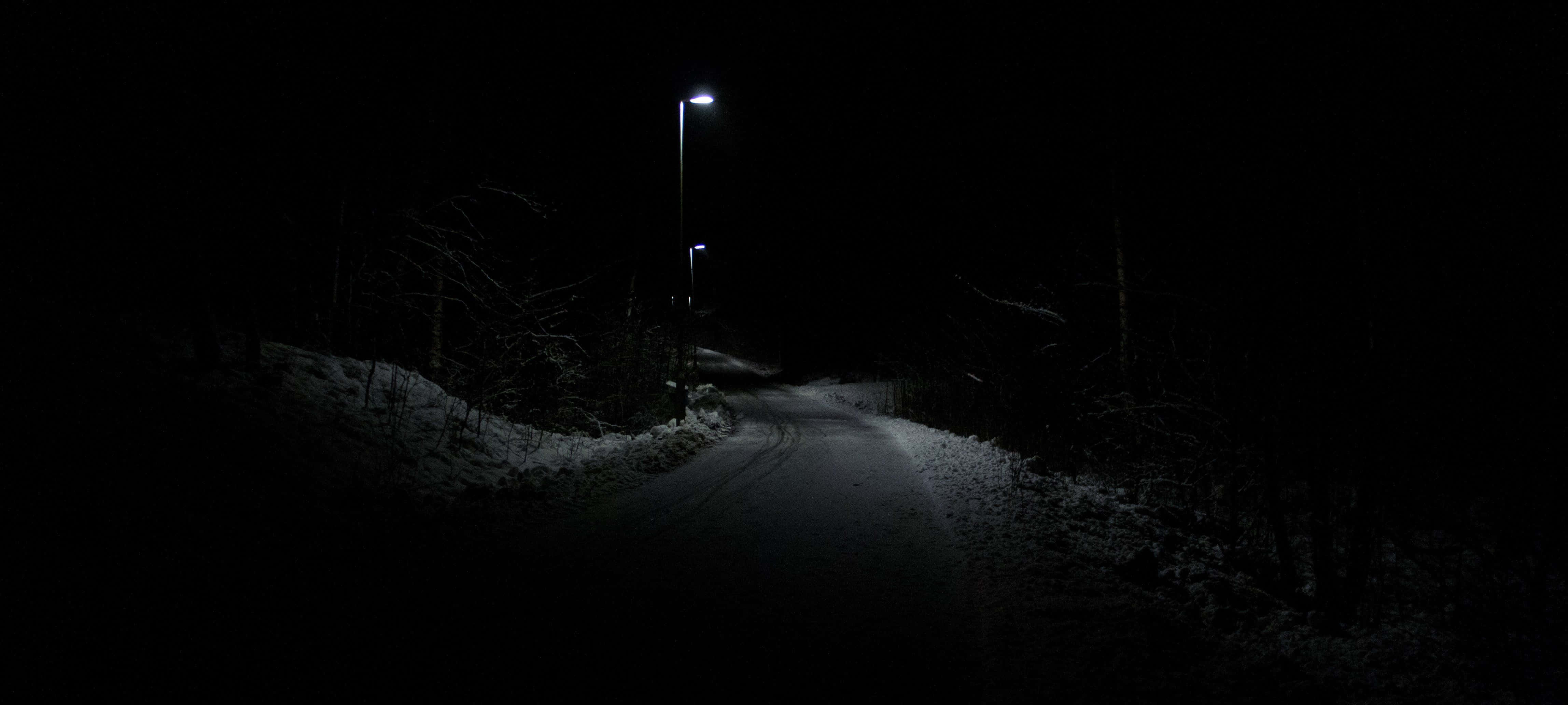 Dark Road, snow-dusted road, dark winter forest, 4K Desktop Wallpaper
