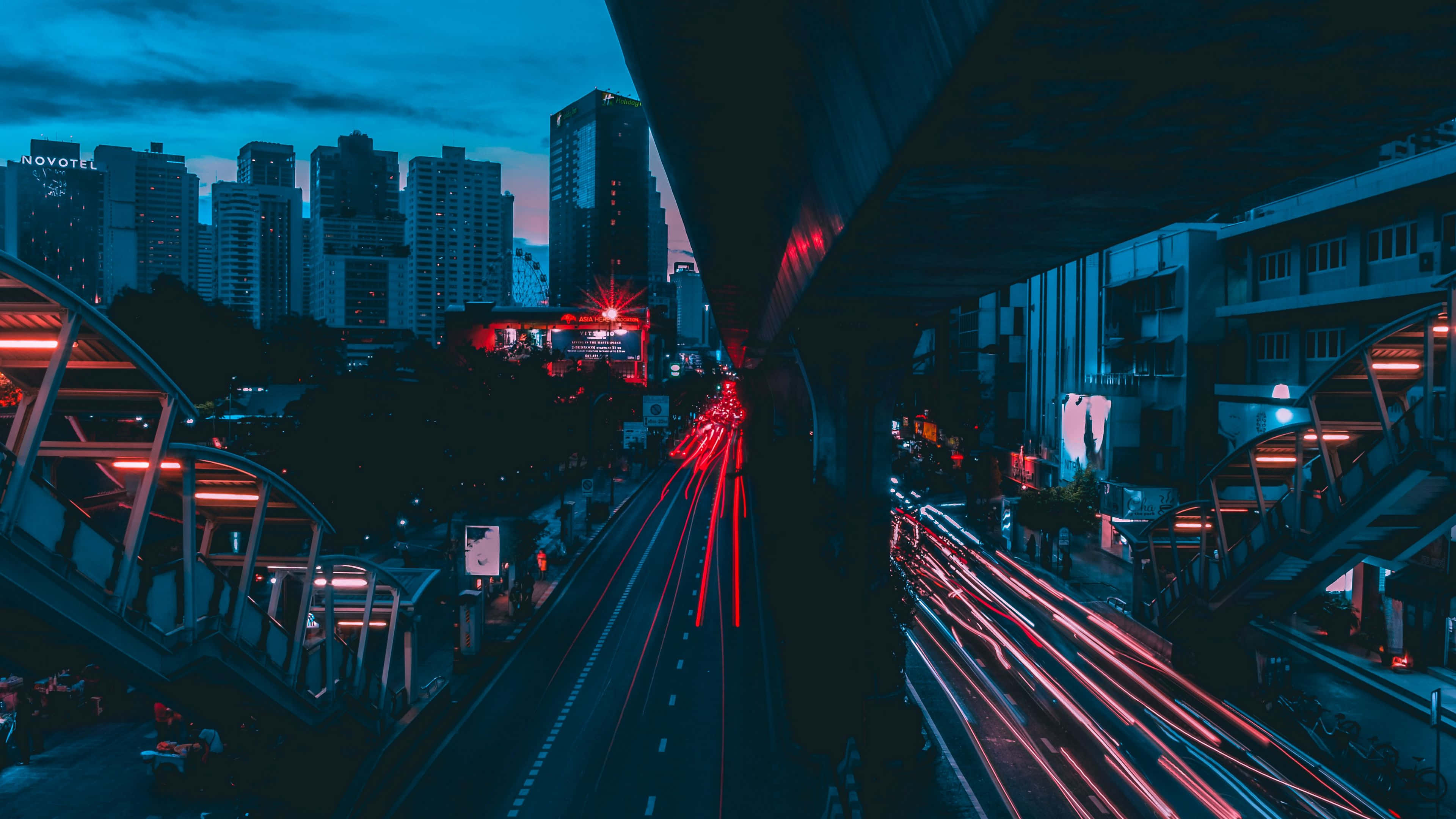 Dark Crossroad, twilight city skyline, overpass, 4K Desktop Wallpaper