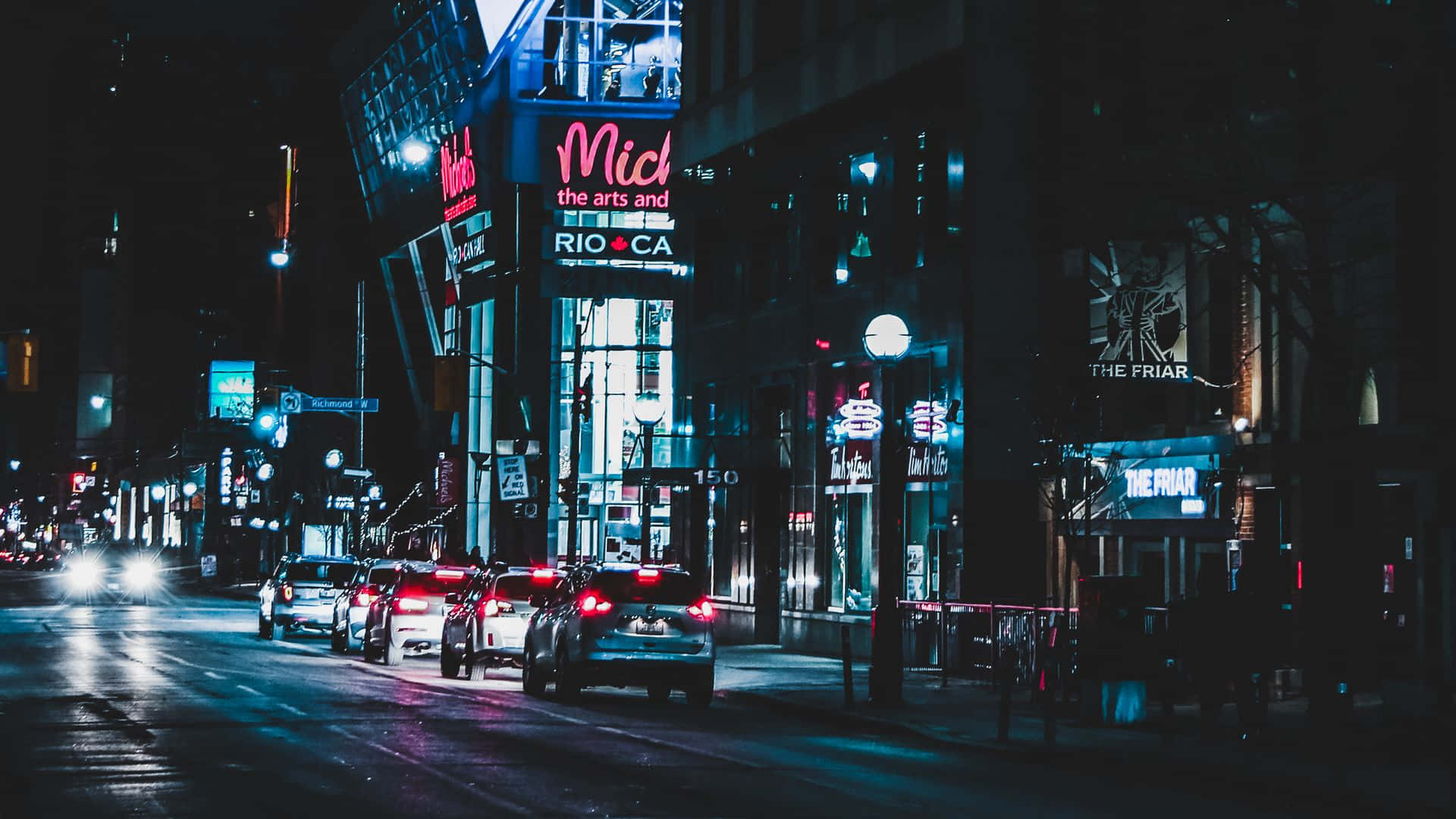 Dark Crossroad, neon signs, glowing car taillights, Full HD Desktop Wallpaper