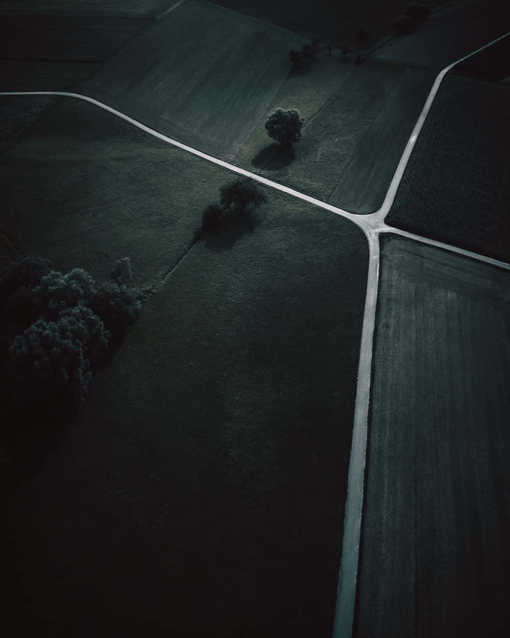 Dark Crossroad, dark green fields, winding roads, SD Phone Wallpaper