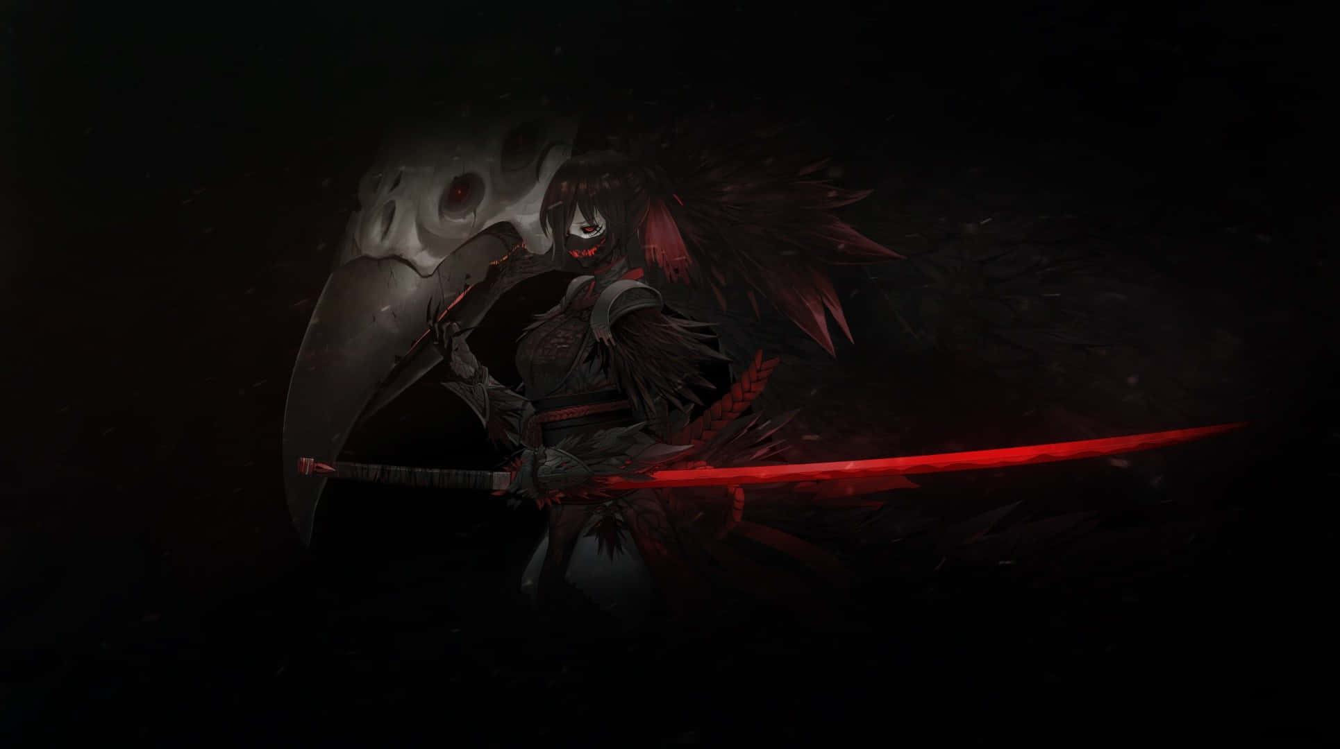 dark anime girl, red glowing eyes, glowing red sword, Full HD Desktop Wallpaper