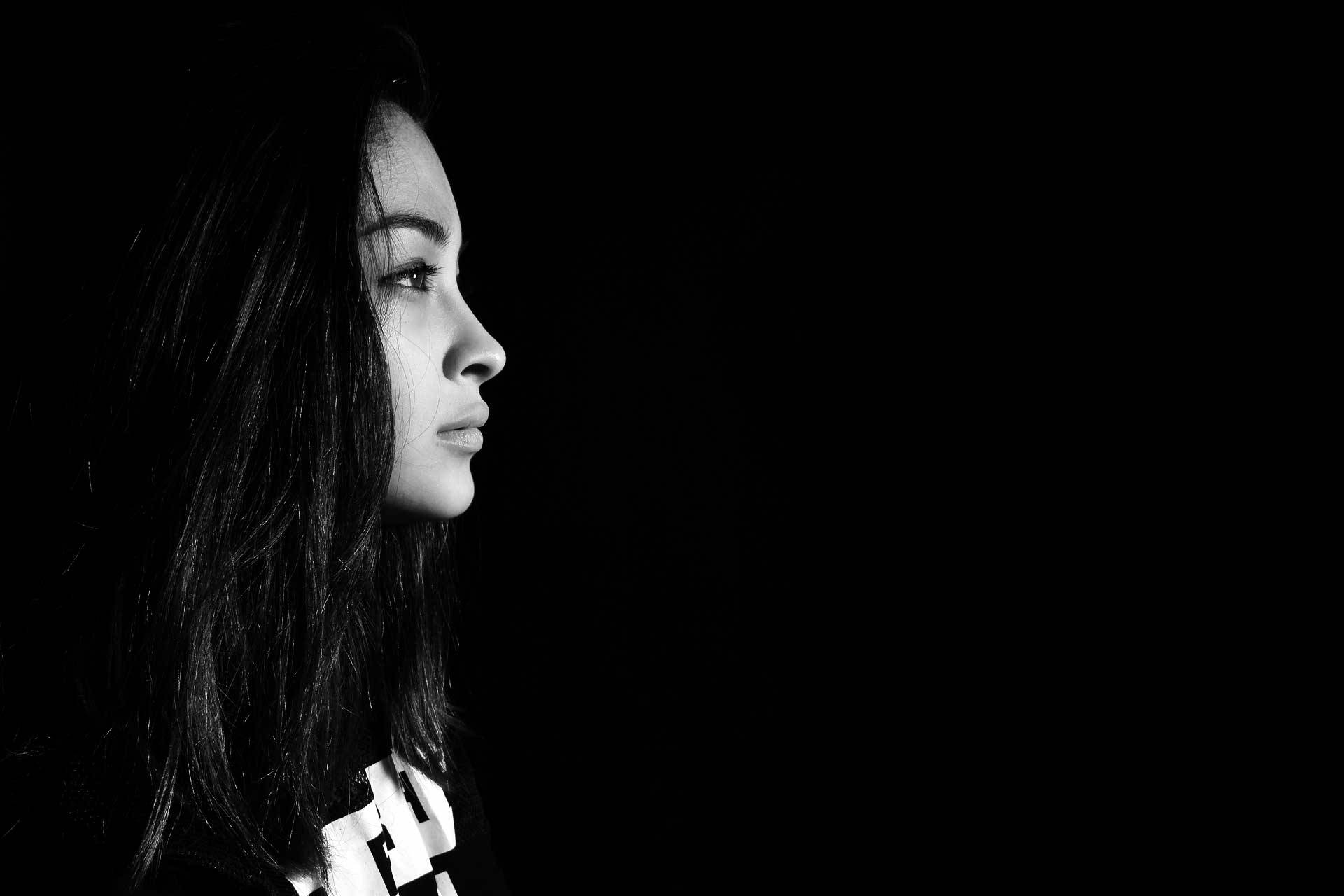 dark-haired girl, profile, stark black and white, Full HD Desktop Wallpaper