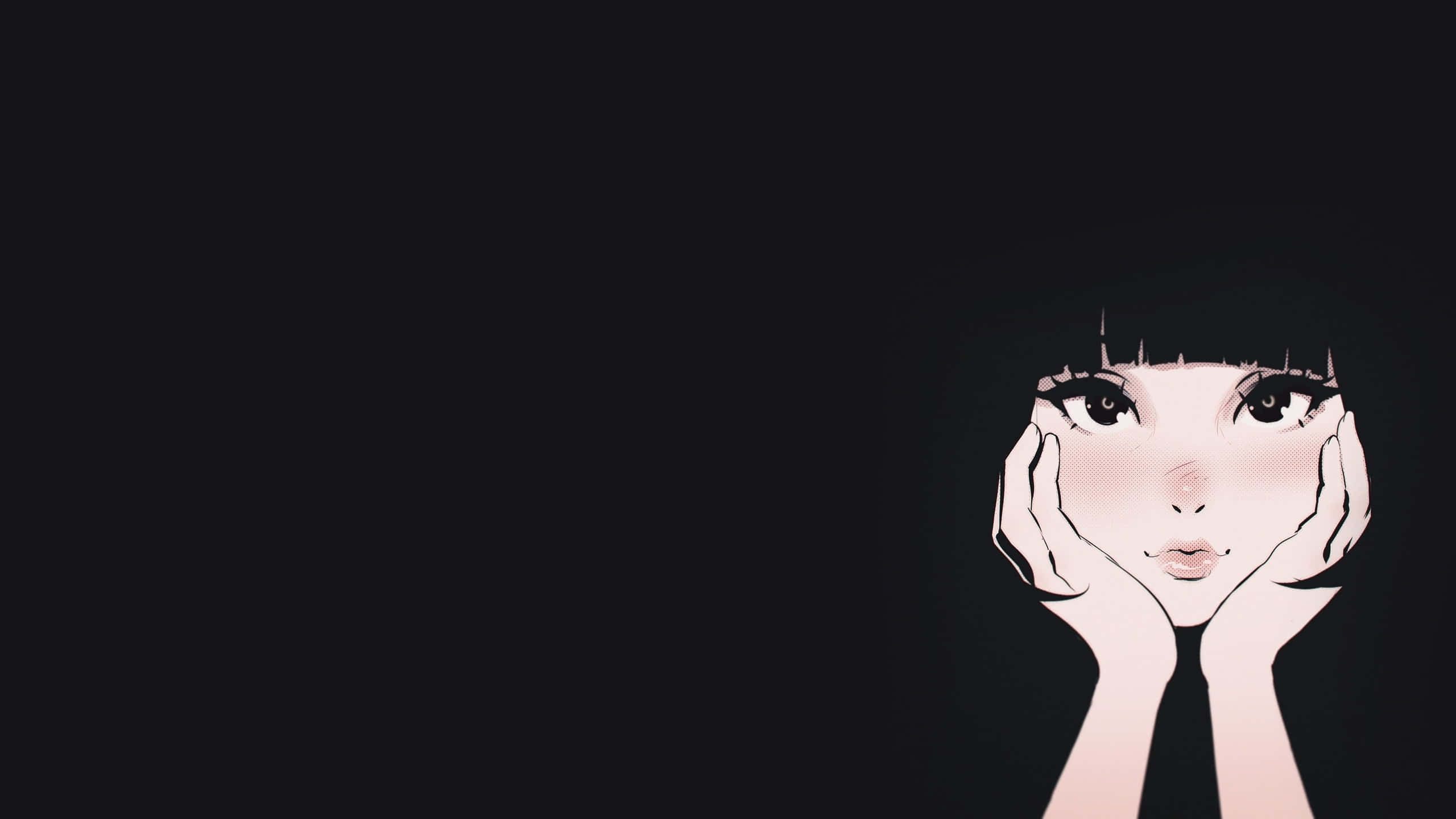 anime girl, short black hair, solid black background, 2K Desktop Wallpaper