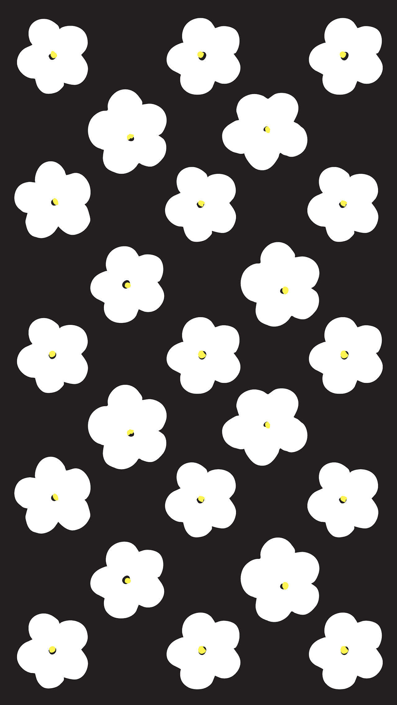 Dark Cute Floral Aesthetic, white stylized flowers, yellow centers, Full HD Phone Wallpaper