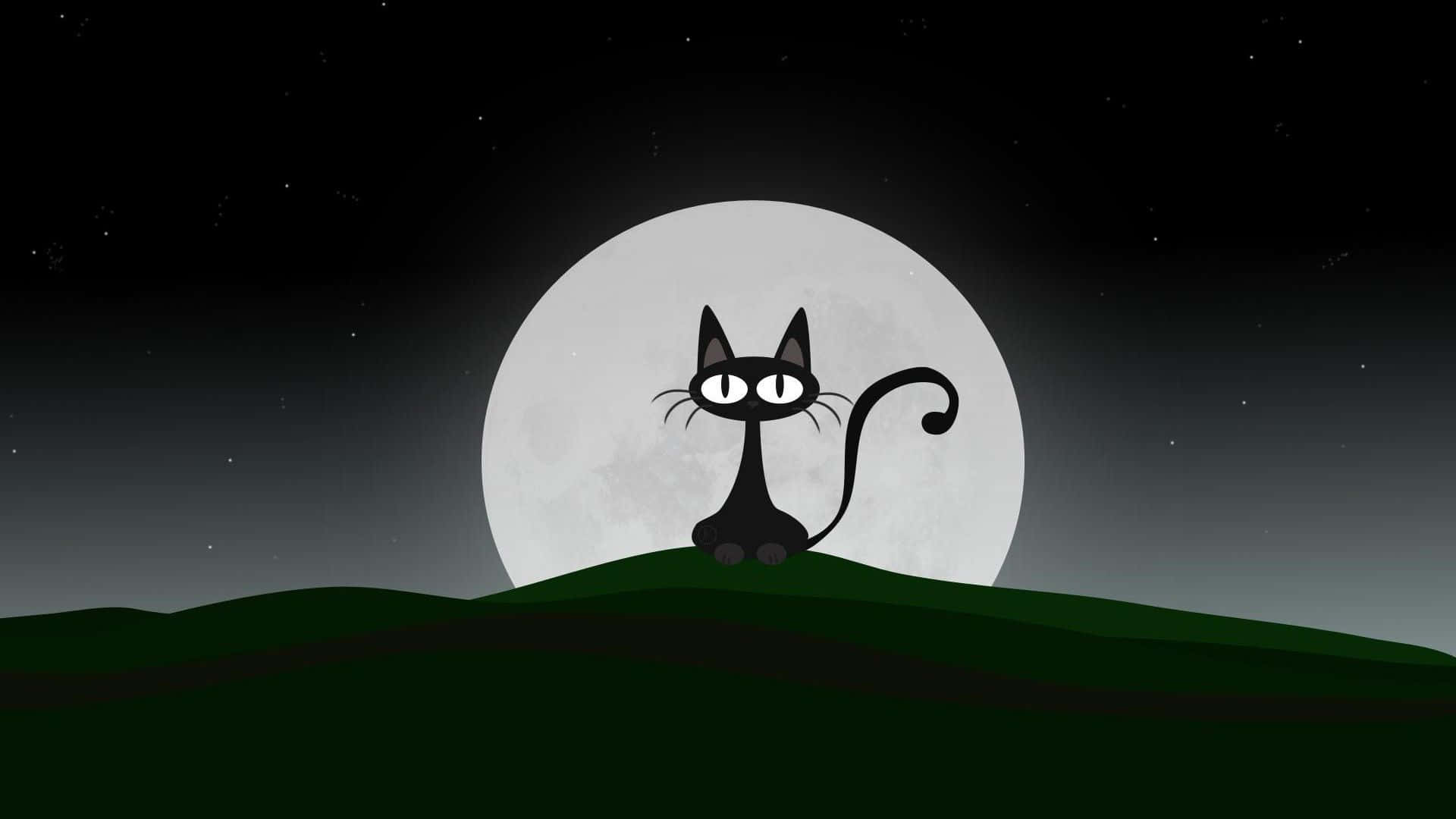 black cartoon cat, glowing eyes, green hill, Full HD Desktop Wallpaper