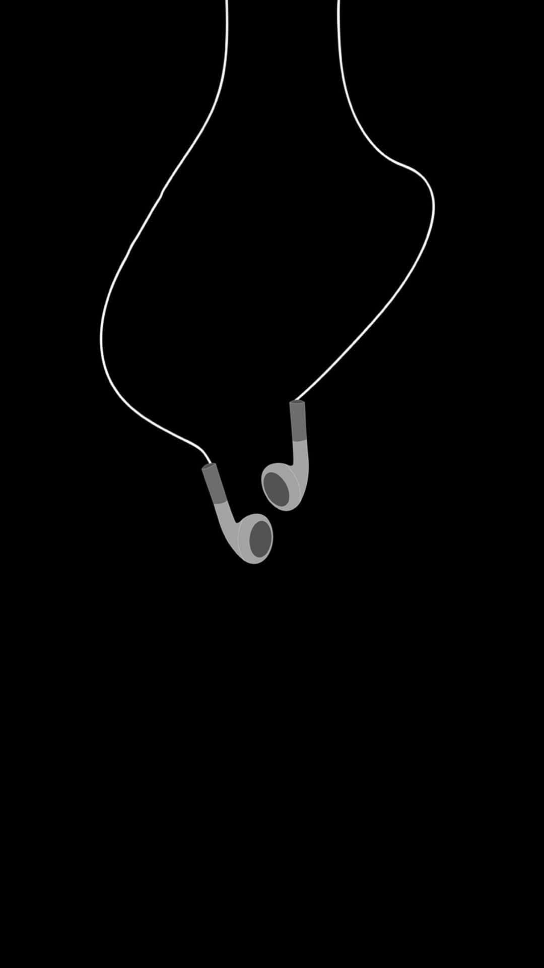 Minimalist white wired earphones, solid black background, stylized graphic design, Full HD Phone Wallpaper