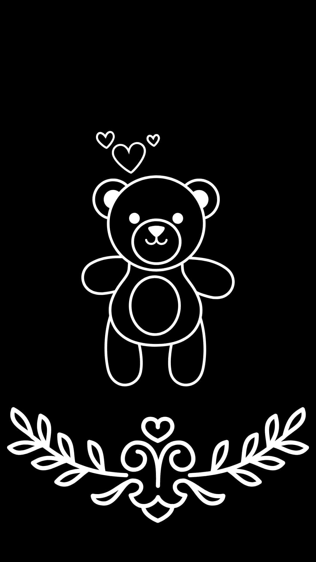 dark cute teddy bear art, minimalist white line drawing, floating hearts, Full HD Phone Wallpaper