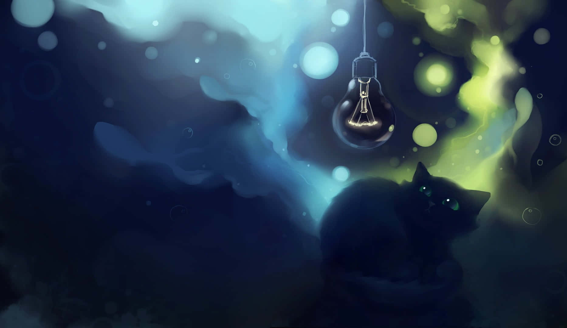 black cat, glowing green eyes, hanging light bulb, HD Desktop Wallpaper