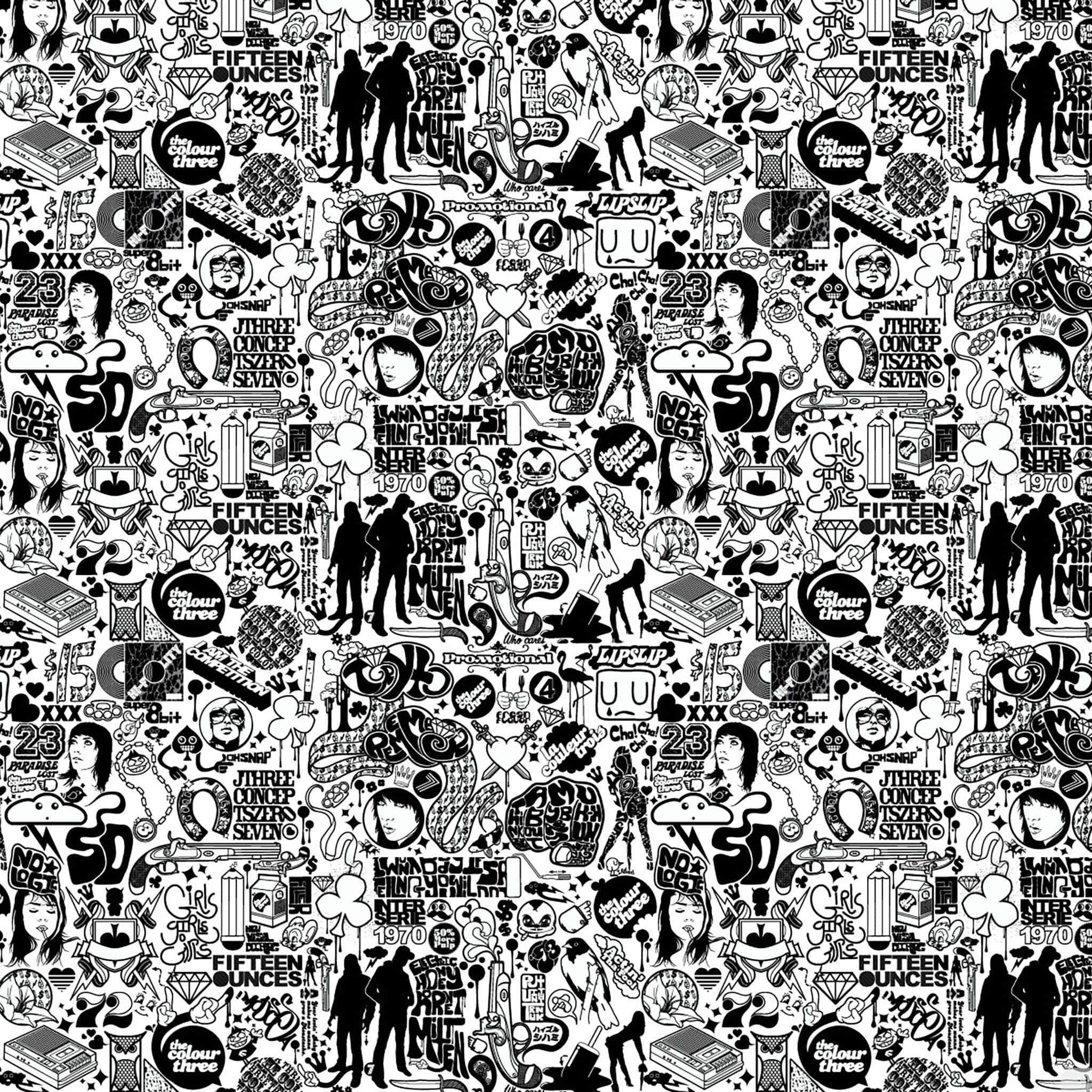 Dark Cute iPad, black and white pattern, vintage pop culture icons, Full HD Desktop Wallpaper