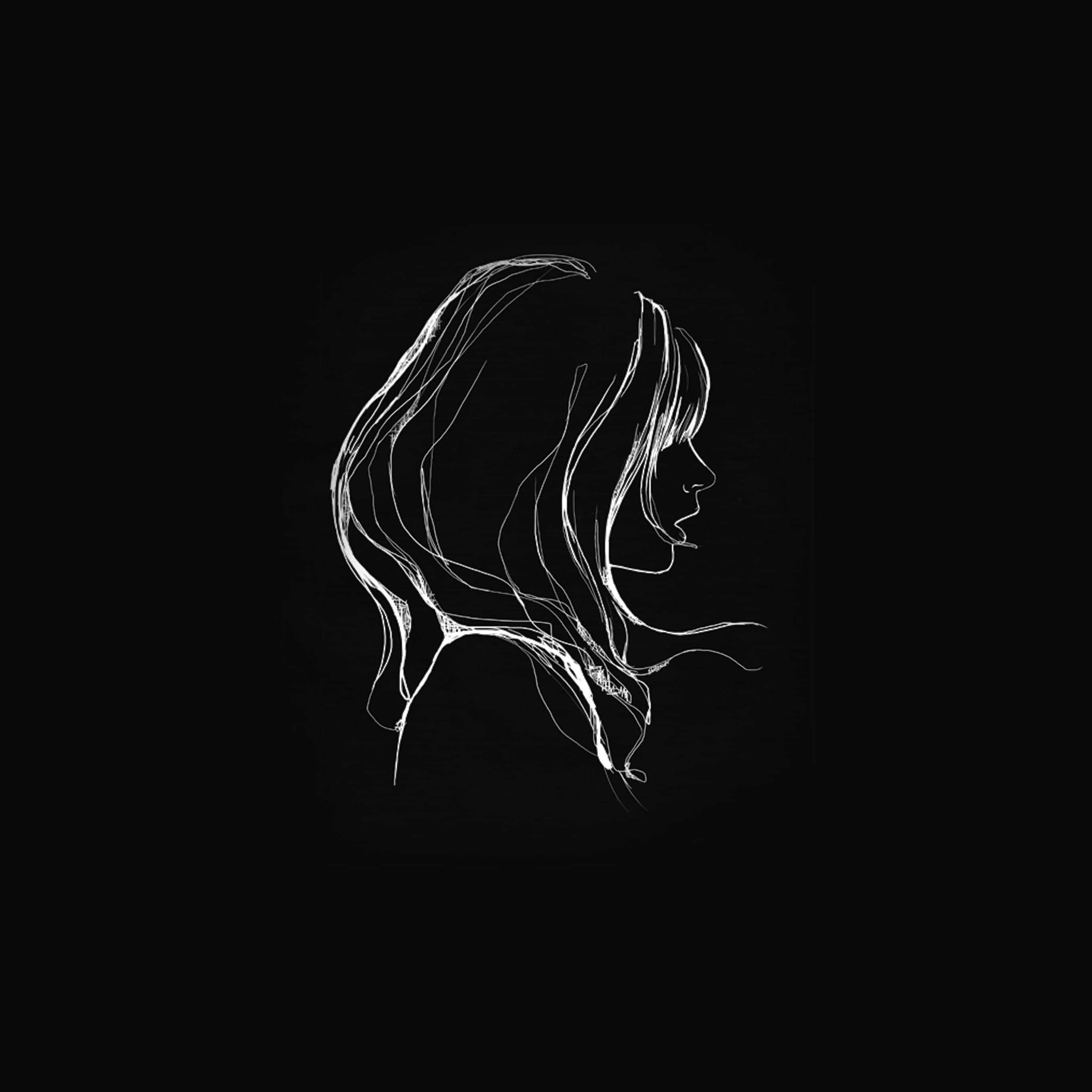 Dark Cute iPad, minimalist white line drawing, woman's profile, 2K Desktop Wallpaper