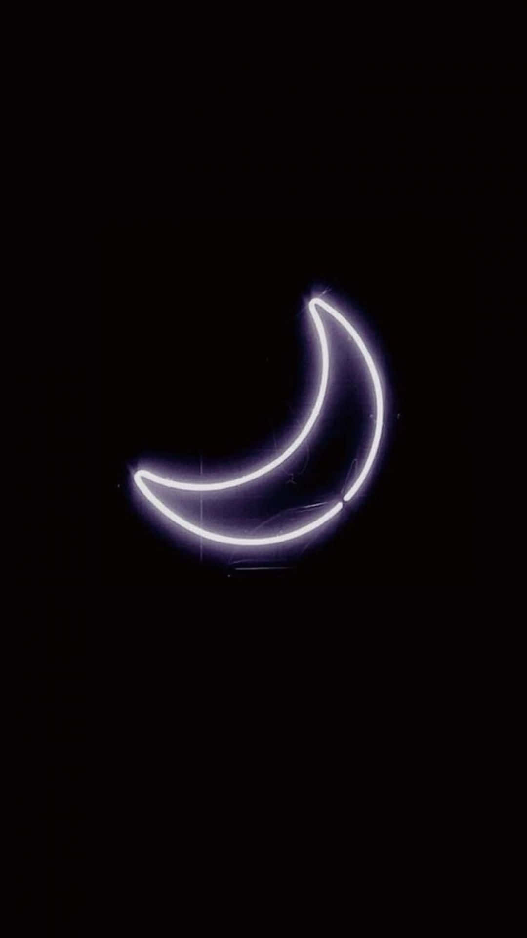 dark cute iPad, glowing white neon crescent moon, pitch black background, Full HD Phone Wallpaper