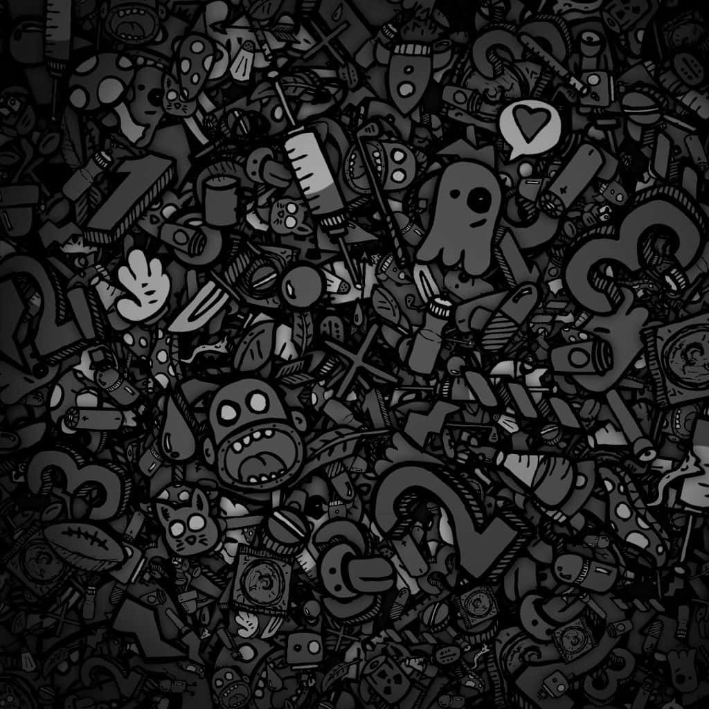 Dark Cute iPad, monochrome doodle pattern, grayscale, SD Desktop Wallpaper