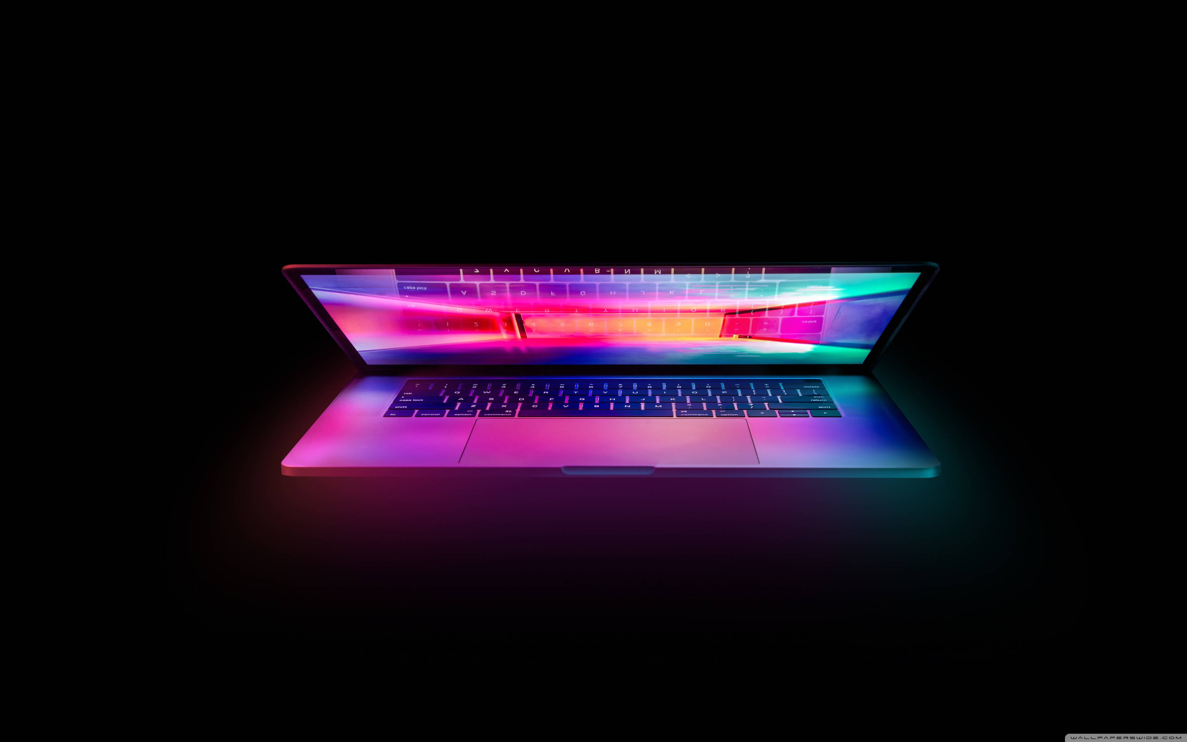 dark open laptop front, neon colors, pitch-black background, 4K Desktop Wallpaper