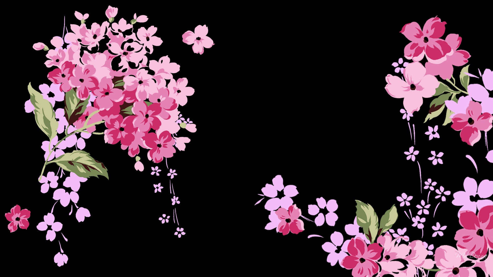 Dark Cute, pink cherry blossoms, green leaves, Full HD Desktop Wallpaper
