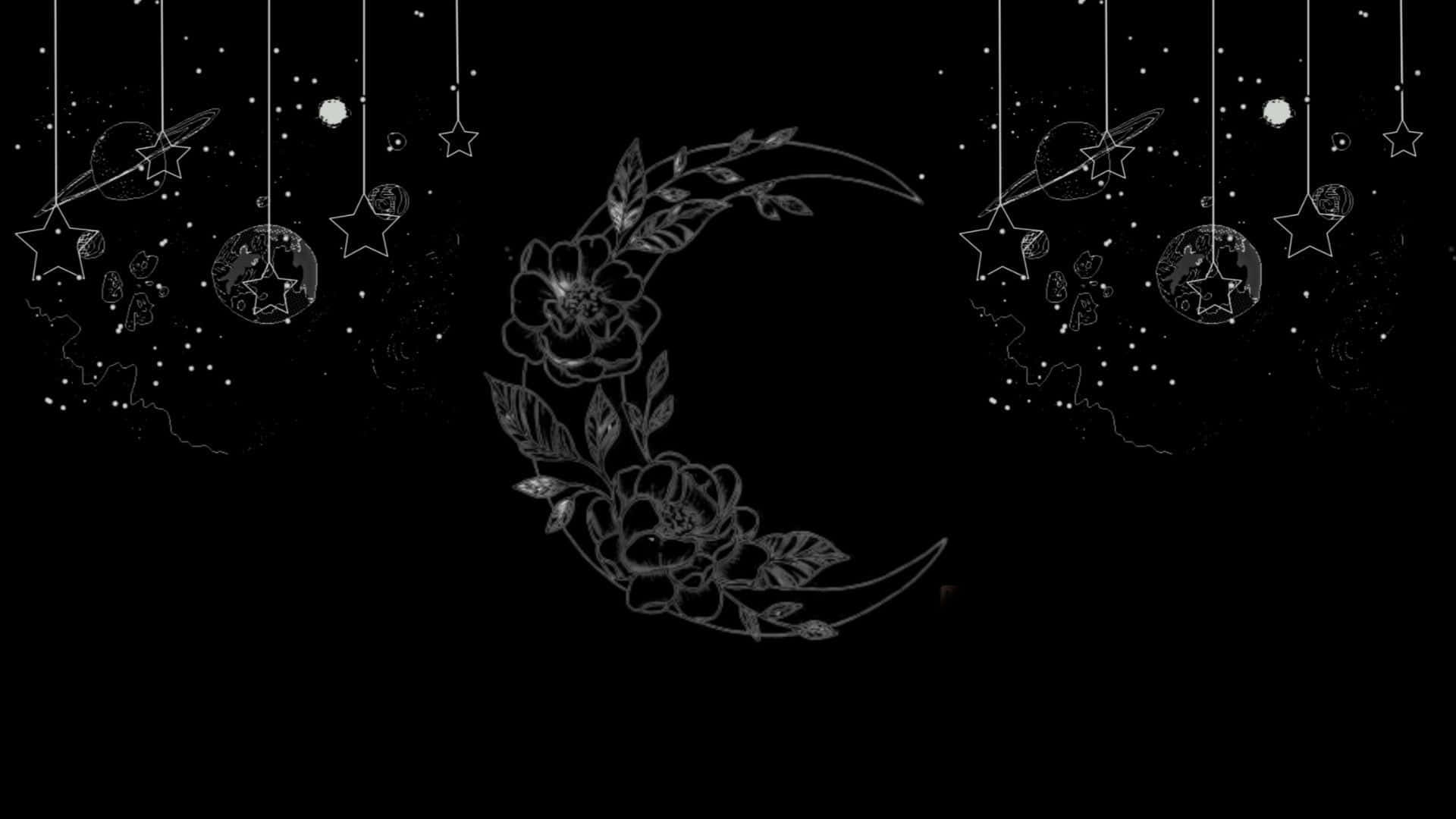 crescent moon, floral vines, starry night sky, Full HD Desktop Wallpaper