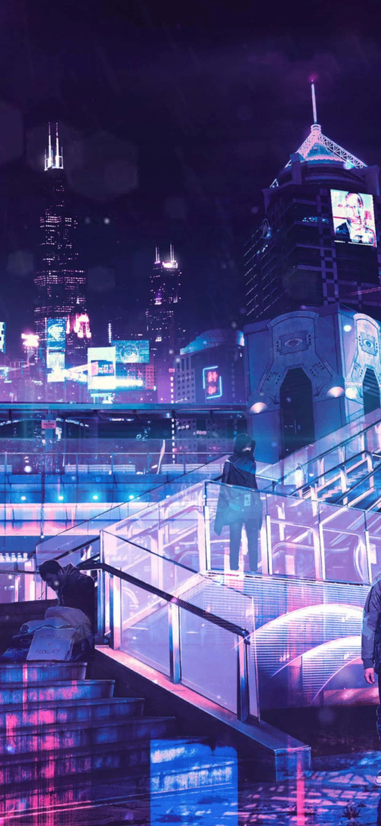 Cyberpunk Cityscape, nightlife, glowing neon stairs, 2K Phone Wallpaper