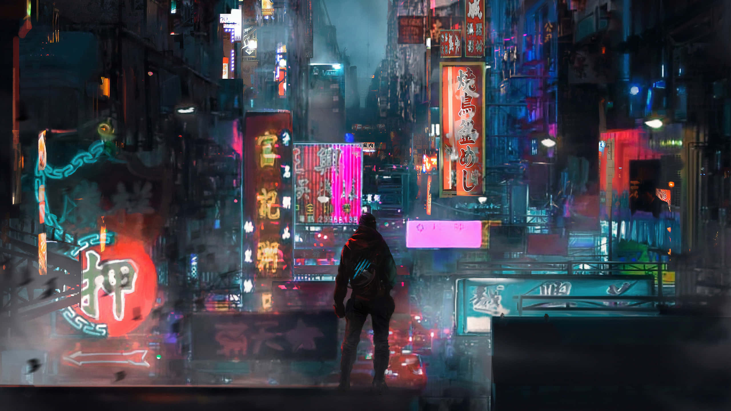 Cyberpunk inspired cityscape, neon-drenched, towering glowing signs, 2K Desktop Wallpaper