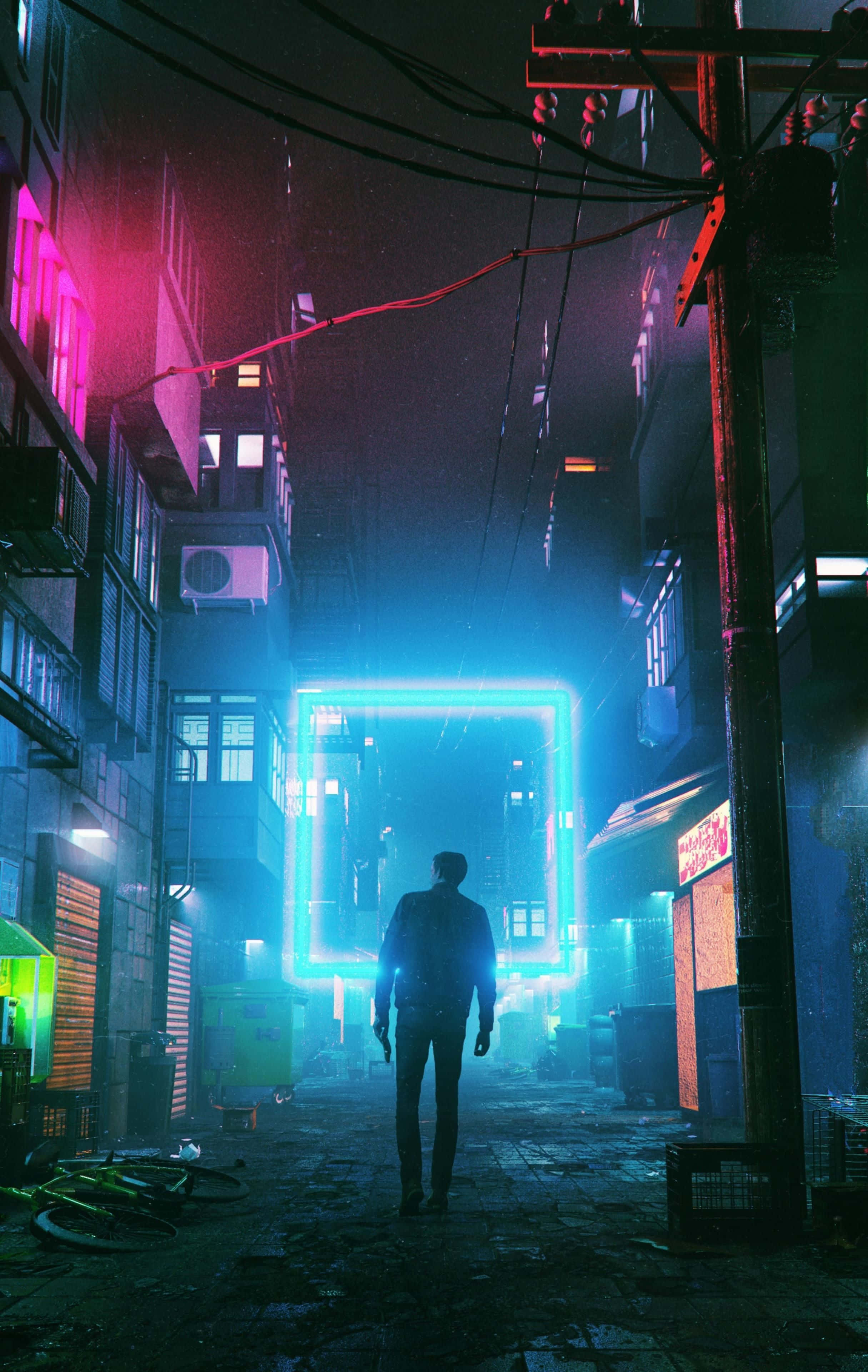 Cyberpunk alleyway silhouette, neon alley, rain-slicked, 4K Phone Wallpaper