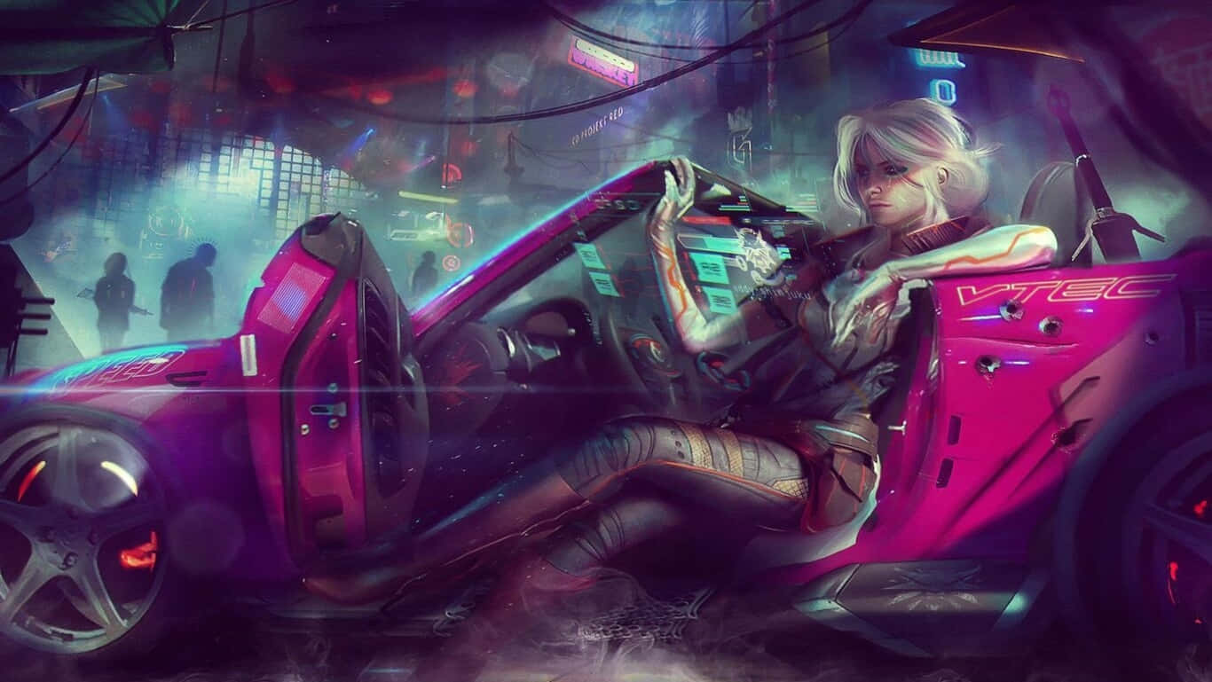 Cyberpunk 2077, white hair, glowing pink sports car, HD Desktop Wallpaper