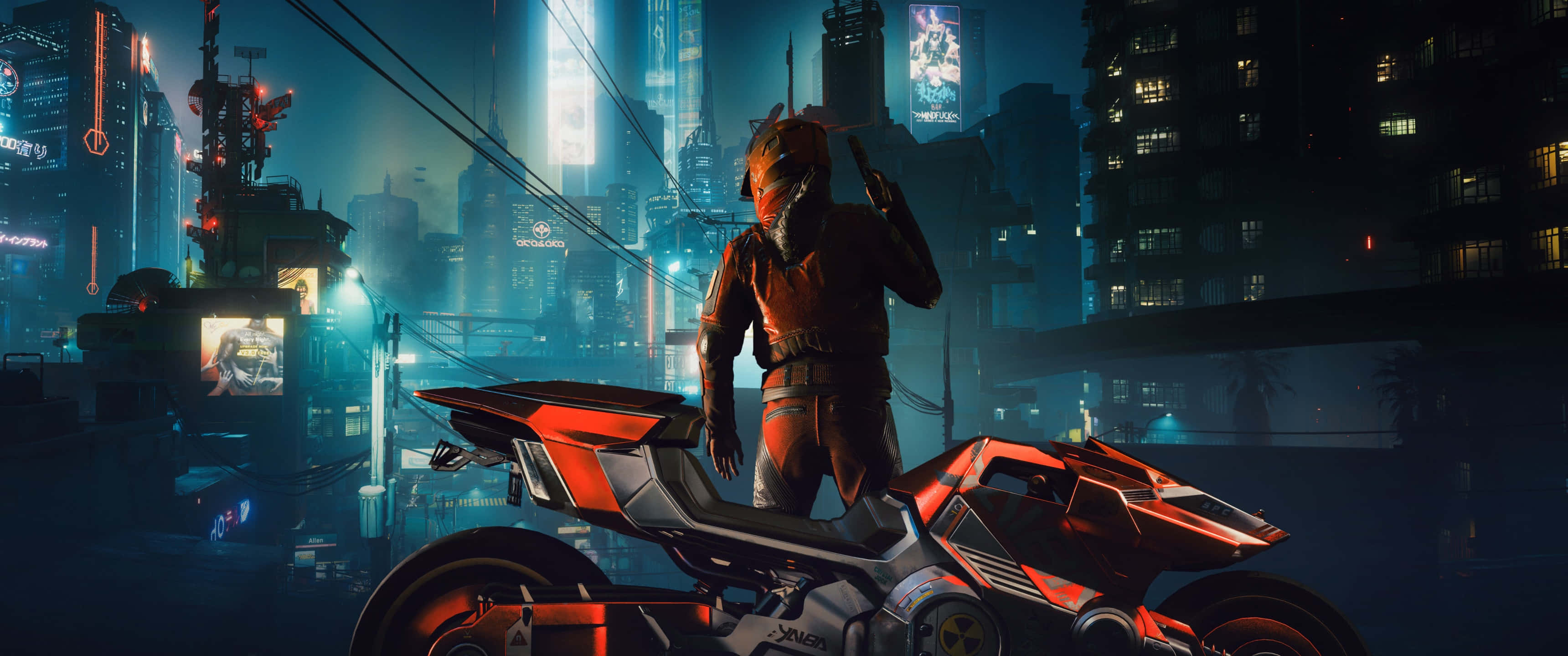 Cyberpunk 3440x1440, futuristic orange motorcycle, neon-lit cyberpunk cityscape, 2K Desktop Wallpaper