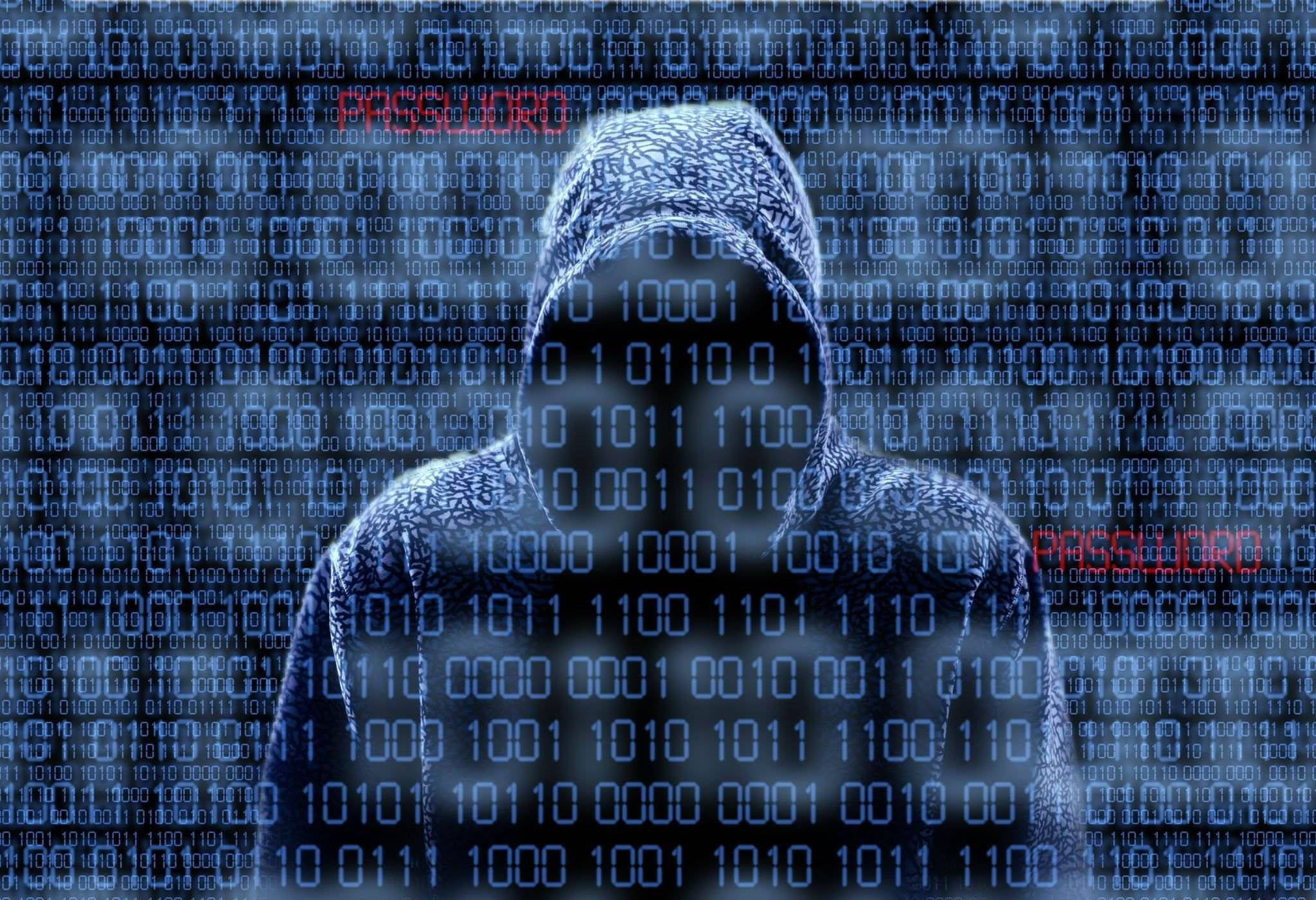 hooded figure, glowing binary code, blue and red tones, Full HD Desktop Wallpaper