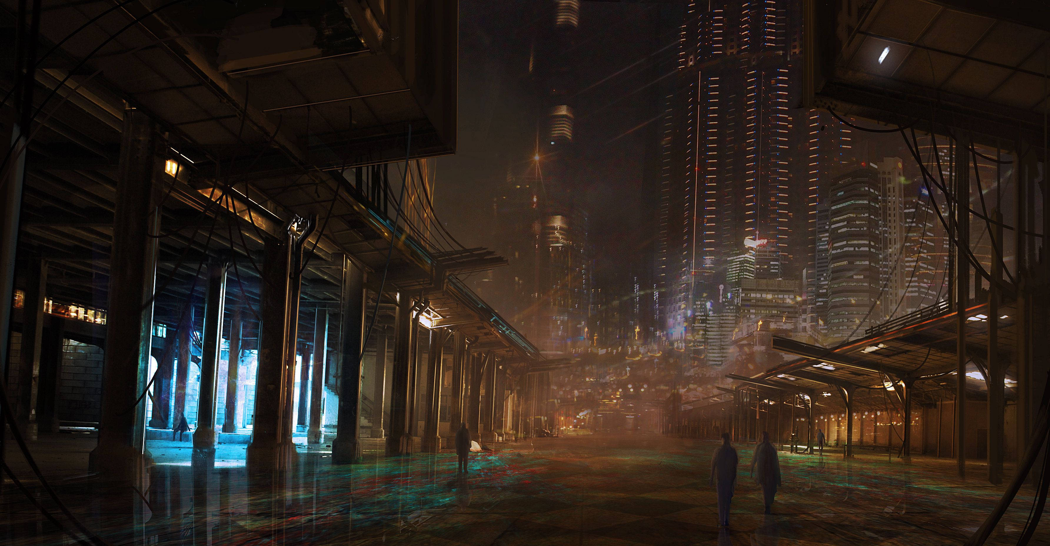 Cyberpunk, neon-lit skyscrapers, decaying underpass, 2K Desktop Wallpaper