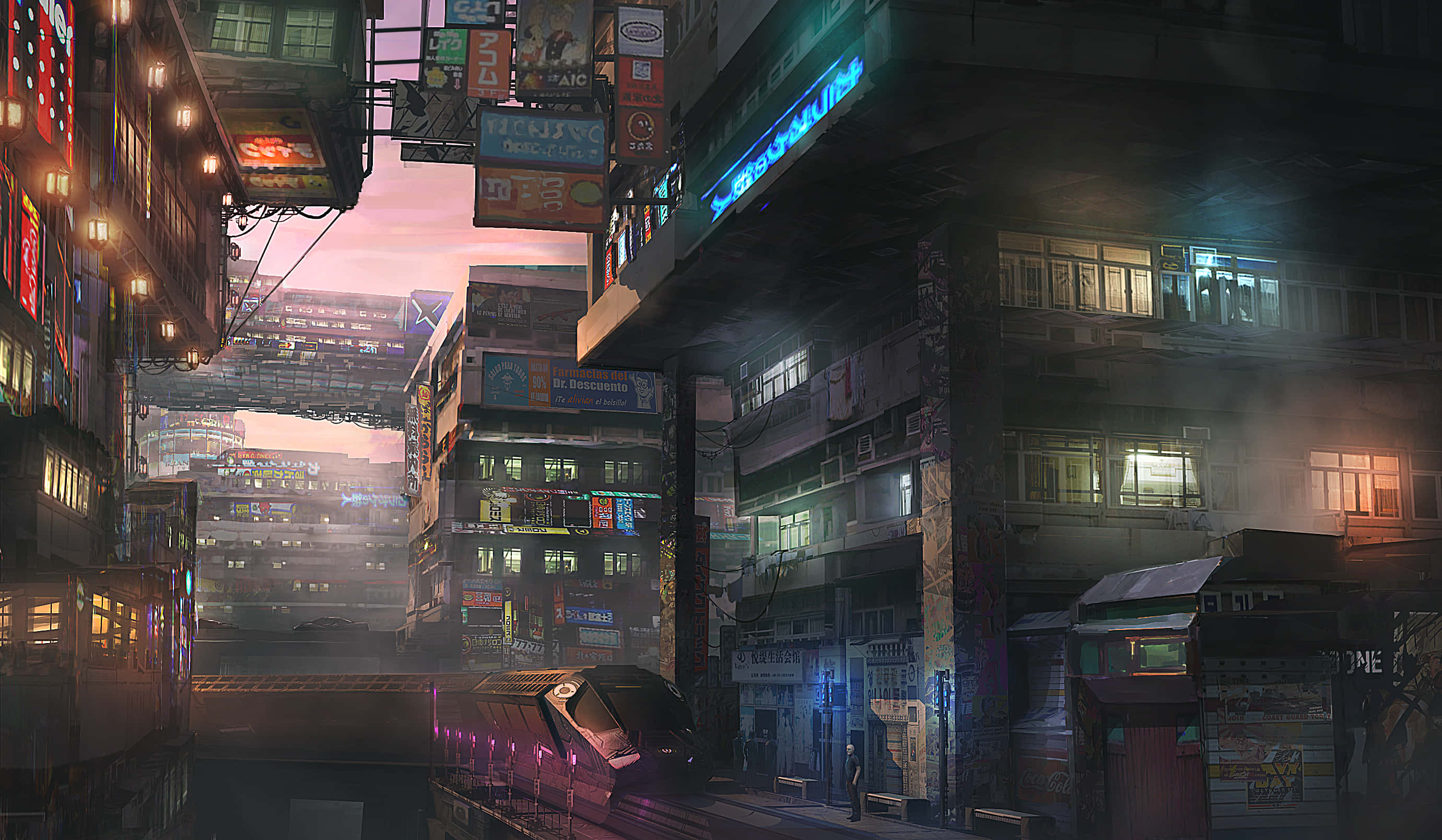 cyberpunk aesthetic, neon-lit cyberpunk alleyway, dusk, 2K Desktop Wallpaper