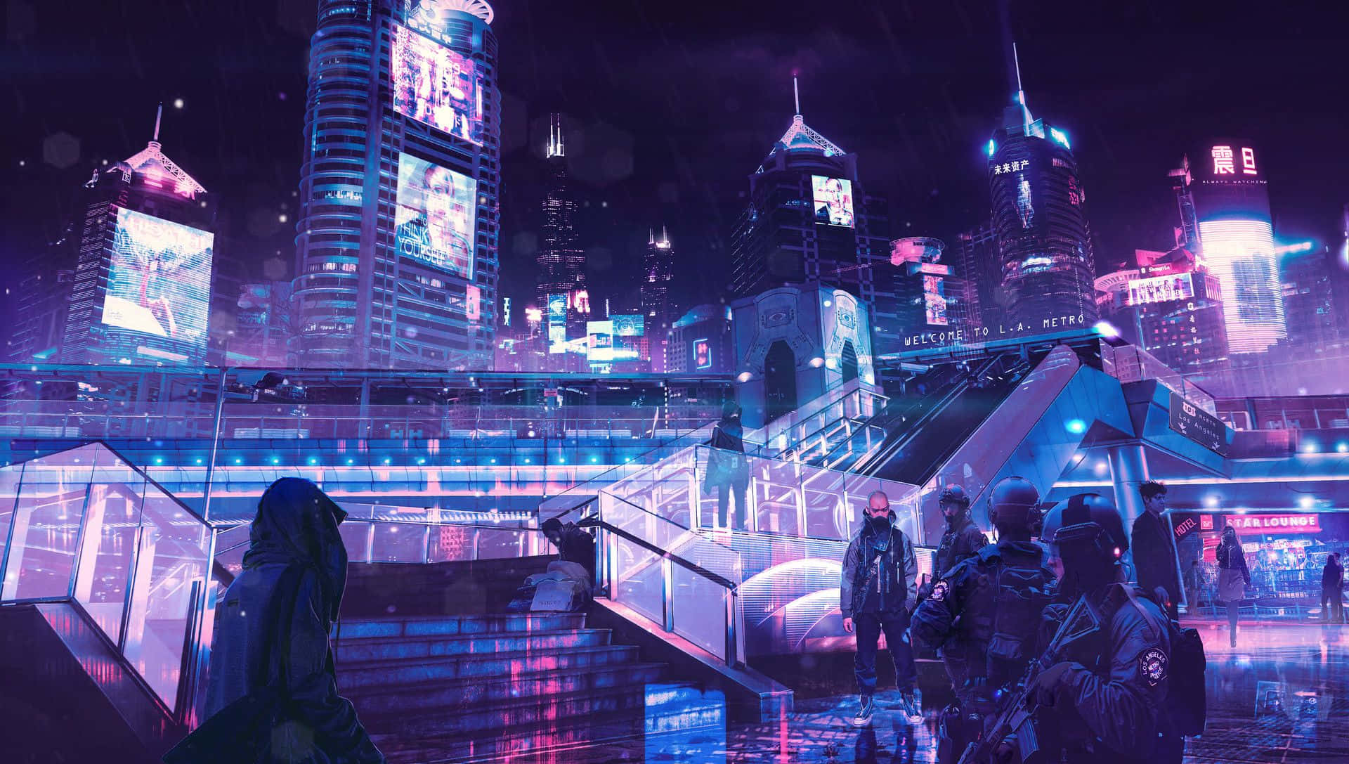 cyberpunk aesthetic, neon-drenched cyberpunk cityscape, towering skyscrapers, Full HD Desktop Wallpaper