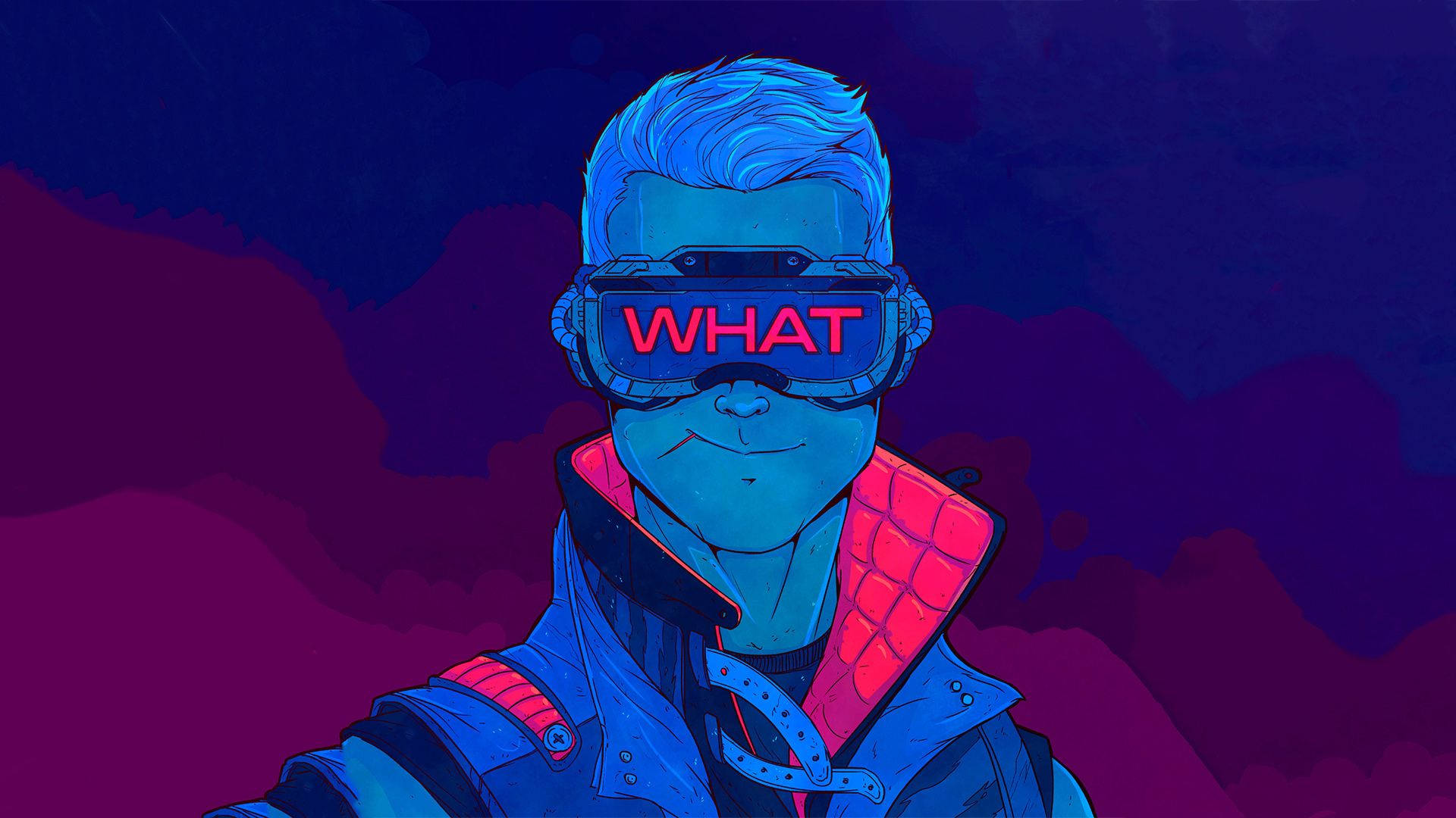 blue hair, glowing VR goggles, word WHAT, Full HD Desktop Wallpaper