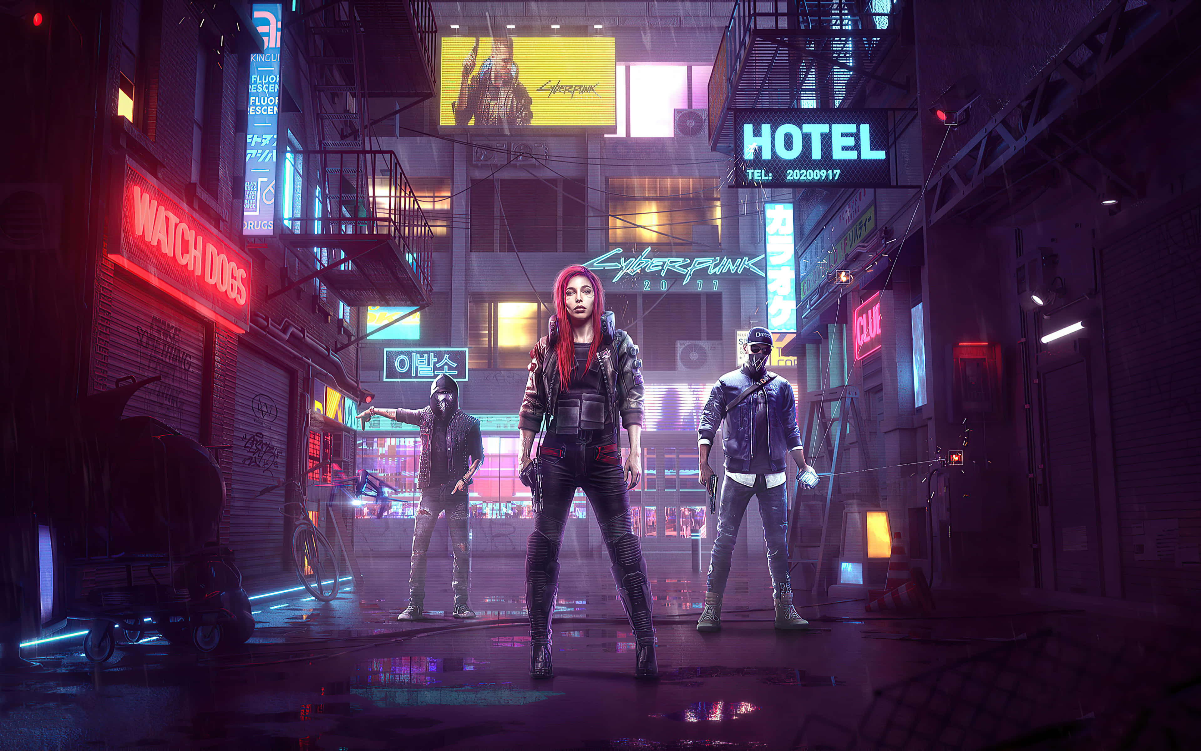 Neon Dreams in Dark Cyber Future Wallpaper, cyberpunk characters, neon-drenched rain-soaked alleyway, 4K Desktop Wallpaper